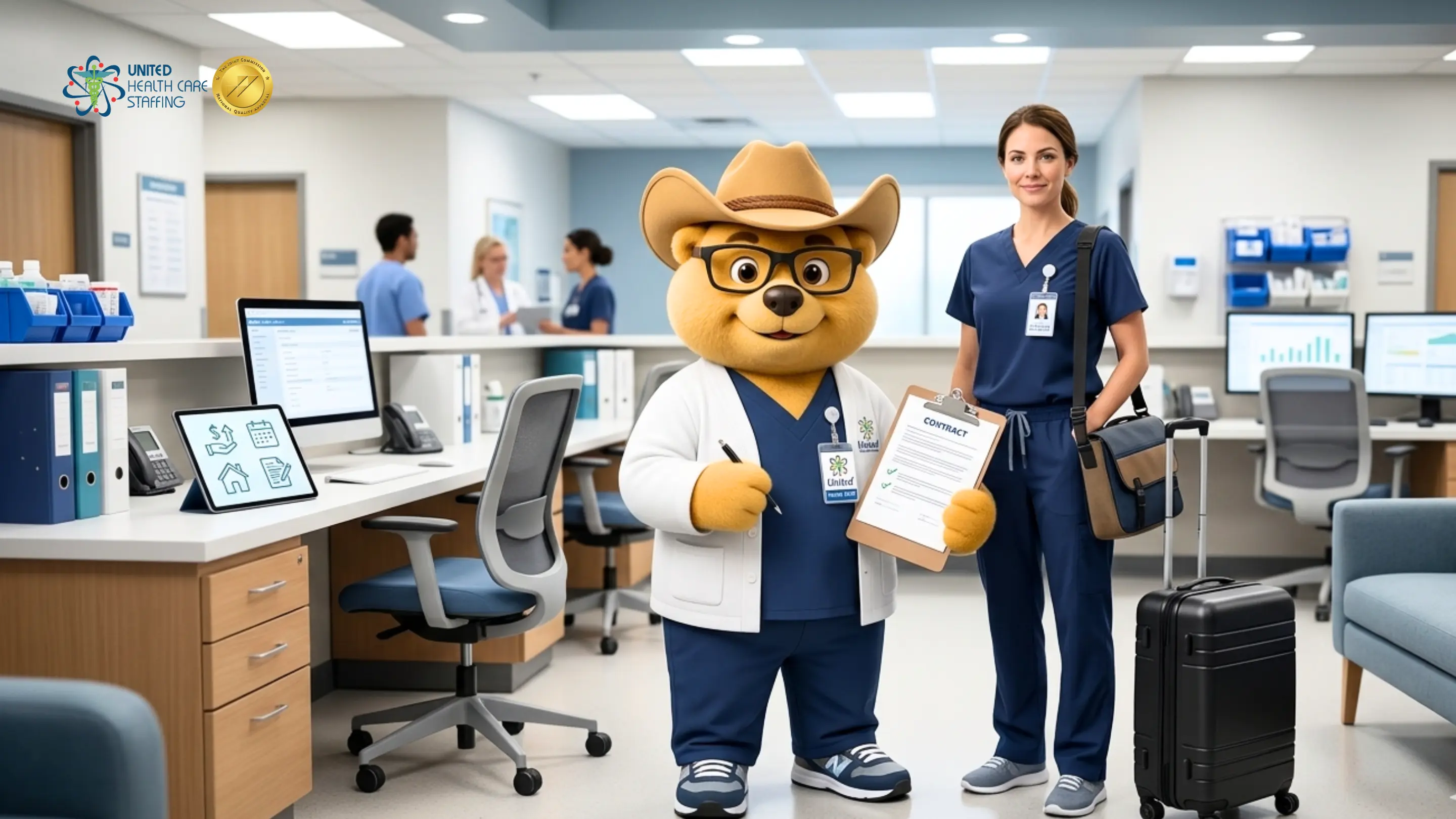 An image featuring a friendly, bespectacled bear mascot wearing a cowboy hat and a white lab coat over blue scrubs, standing in a modern healthcare office or hospital reception area. Beside the mascot stands a female healthcare professional in dark blue scrubs, carrying a messenger bag and a suitcase, suggesting a traveling nurse or medical professional. The bear holds a pen and a clipboard labeled CONTRACT with checkmarks. In the background, other medical staff are visible in a bright, clean office setting. The top-left corner includes the United Health Care Staffing logo and a Gold Seal of Approval from The Joint Commission