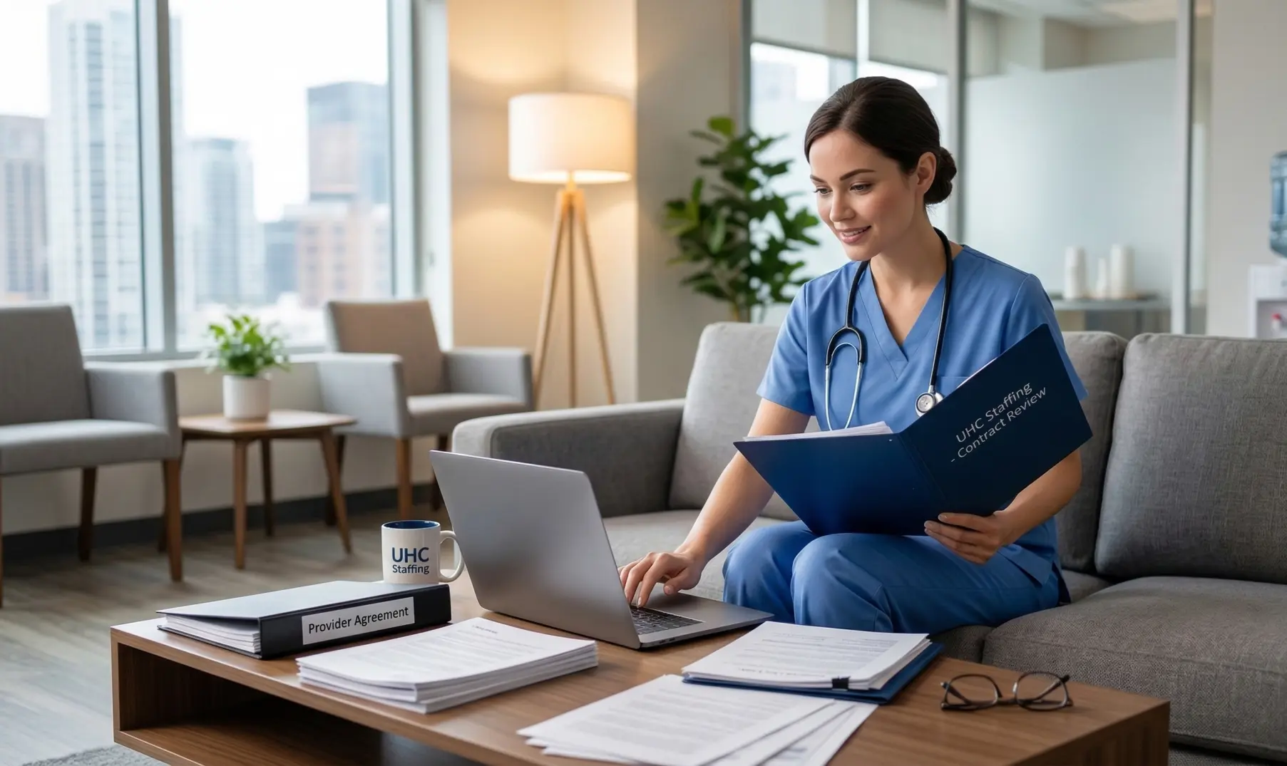 A female healthcare professional in blue scrubs and a stethoscope sitting on a grey sofa in a modern, bright office. She is looking at a laptop while holding a blue folder titled UHC Staffing - Contract Review. On the coffee table in front of her are several documents, a pair of glasses, and a black binder labeled Provider Agreement. A coffee mug with the UHC Staffing logo sits next to the laptop. Large windows in the background show a city skyline.