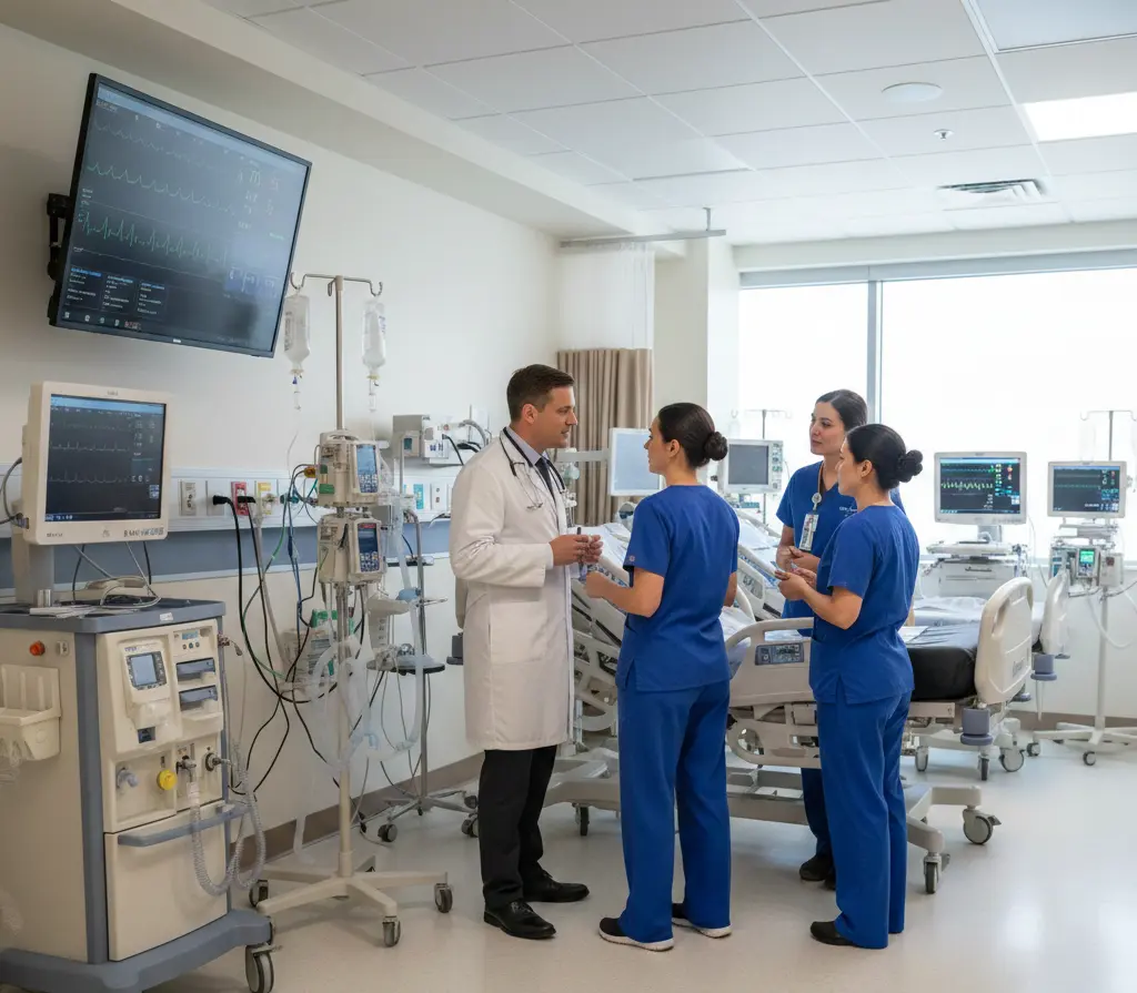 A male doctor and three female nurses in blue scrubs stand in a bright, modern ICU room filled with digital heart monitors and medical equipment, engaged in a professional discussion near a patient's bed
