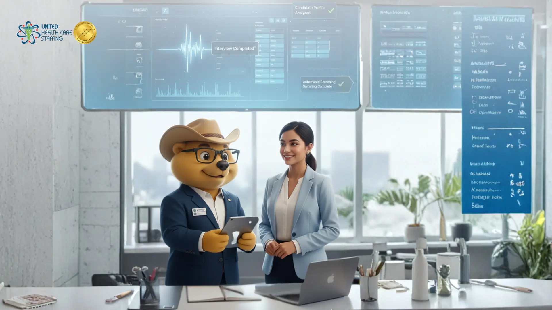 A professional office environment featuring a woman in a light blue blazer standing next to a bear mascot dressed in a dark blue business suit, glasses, and a cowboy hat. The mascot is holding a tablet. Large digital screens in the background display data visualizations, including a waveform and text boxes labeled Interview Completed and Candidate Profile Analyzed. The United Health Care Staffing logo and a gold seal are visible in the top left corner