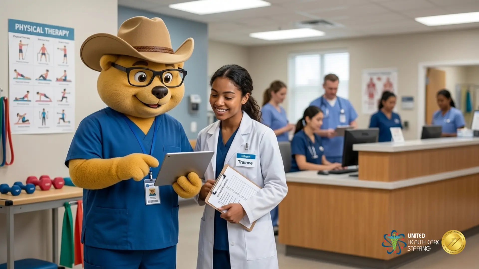 A photo featuring the UHC Staffing mascot Uni-Ted—a friendly bear wearing a cowboy hat, glasses, and blue scrubs—pointing at a tablet screen. Beside him, a smiling female healthcare intern in a white lab coat with a Trainee badge holds a clipboard. They are standing in a bright, professional physical therapy clinic. In the background, other medical professionals are working at a reception desk and computer stations near a Physical Therapy exercise poster. The United Health Care Staffing logo and a gold quality seal are visible in the bottom-right corner
