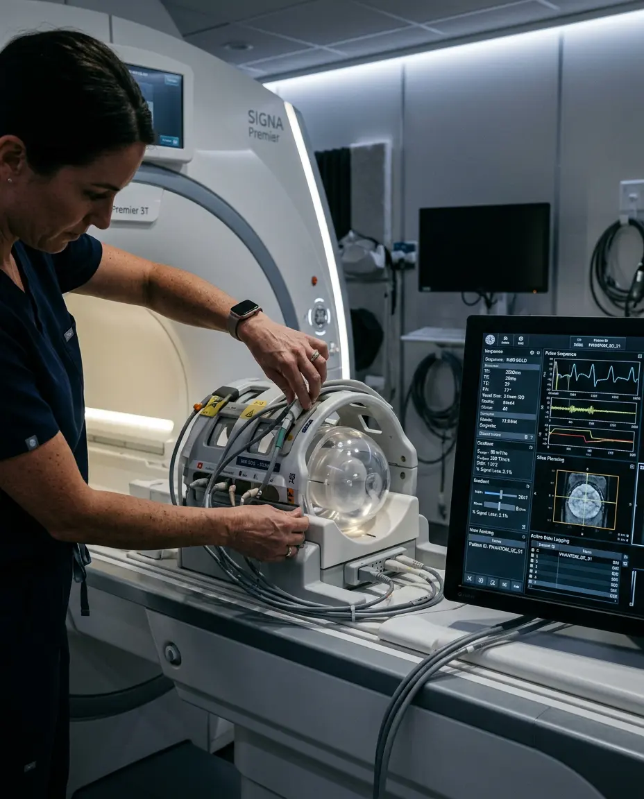 A radiologic technologist setting up a specialized head coil and phantom scan device on an MRI machine table next to a monitor displaying real-time calibration data.