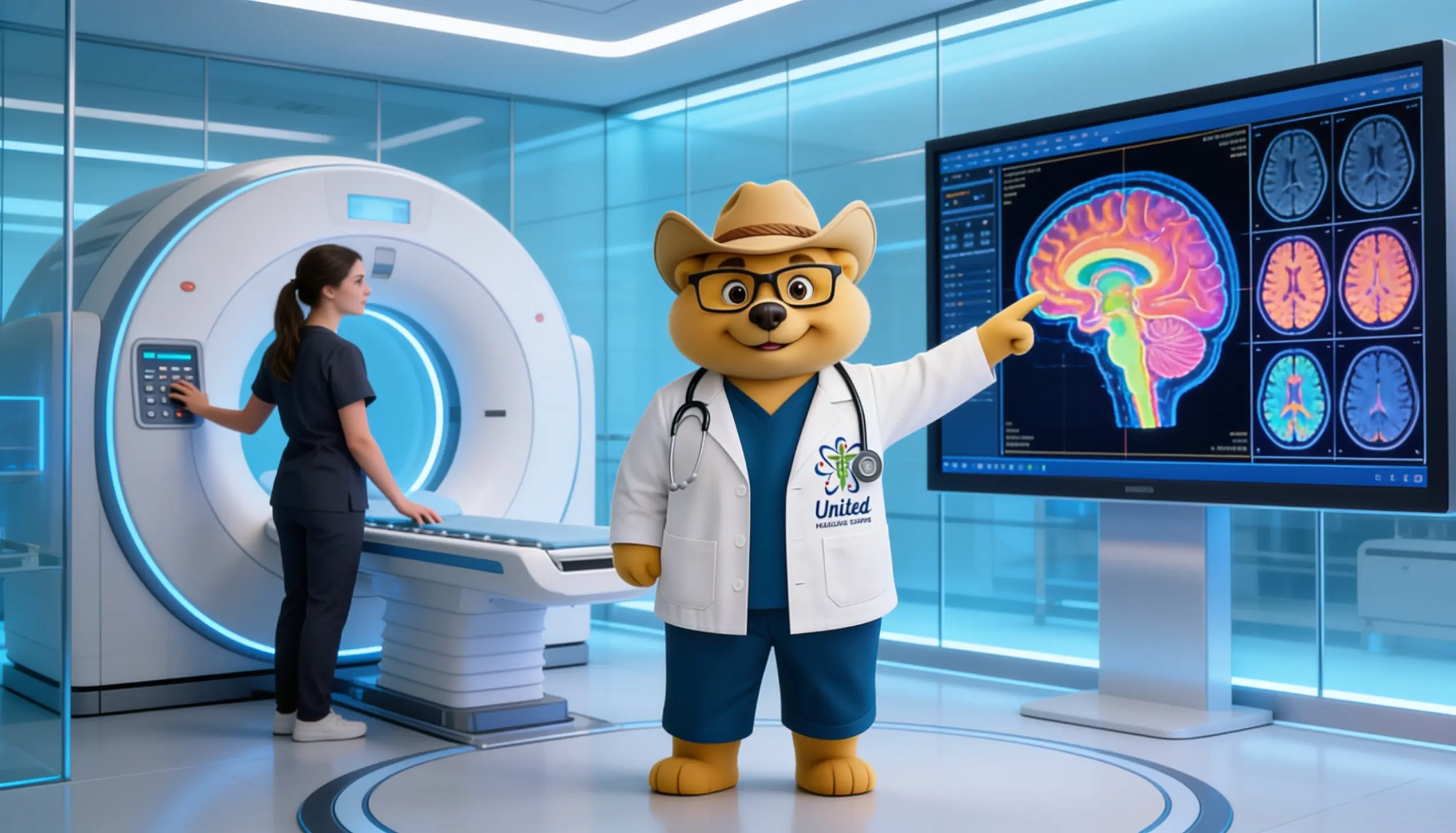 The uni-ted mascot in a lab coat pointing at a digital display showing brain MRI scans next to a radiologic technologist operating an MRI machine in a scanning room.