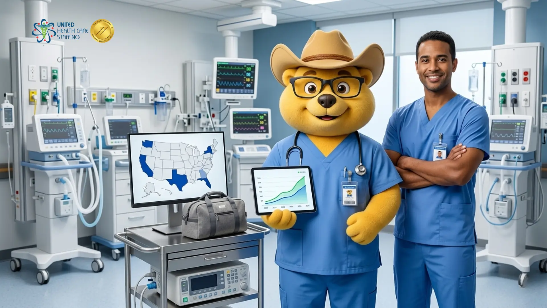 United Health Care Staffing promotional graphic featuring a male healthcare professional and the mascot Uni-Ted in blue scrubs. They are in a clinical hospital room with advanced medical monitors. A screen shows a US map with highlighted states, and a tablet displays a growth chart, illustrating high-paying travel nursing and allied health career opportunities across the United States.