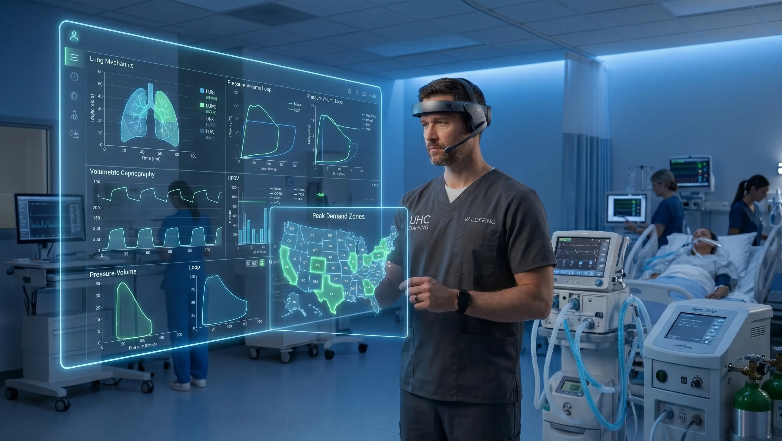 A respiratory therapist in dark grey scrubs wearing an AR headset in a high-tech ICU setting. He is interacting with holographic data displays showing lung mechanics, pressure-volume loops, and a US map highlighting 'Peak Demand Zones.' The background shows patients and medical equipment, illustrating advanced technology in travel allied health and respiratory therapy careers.