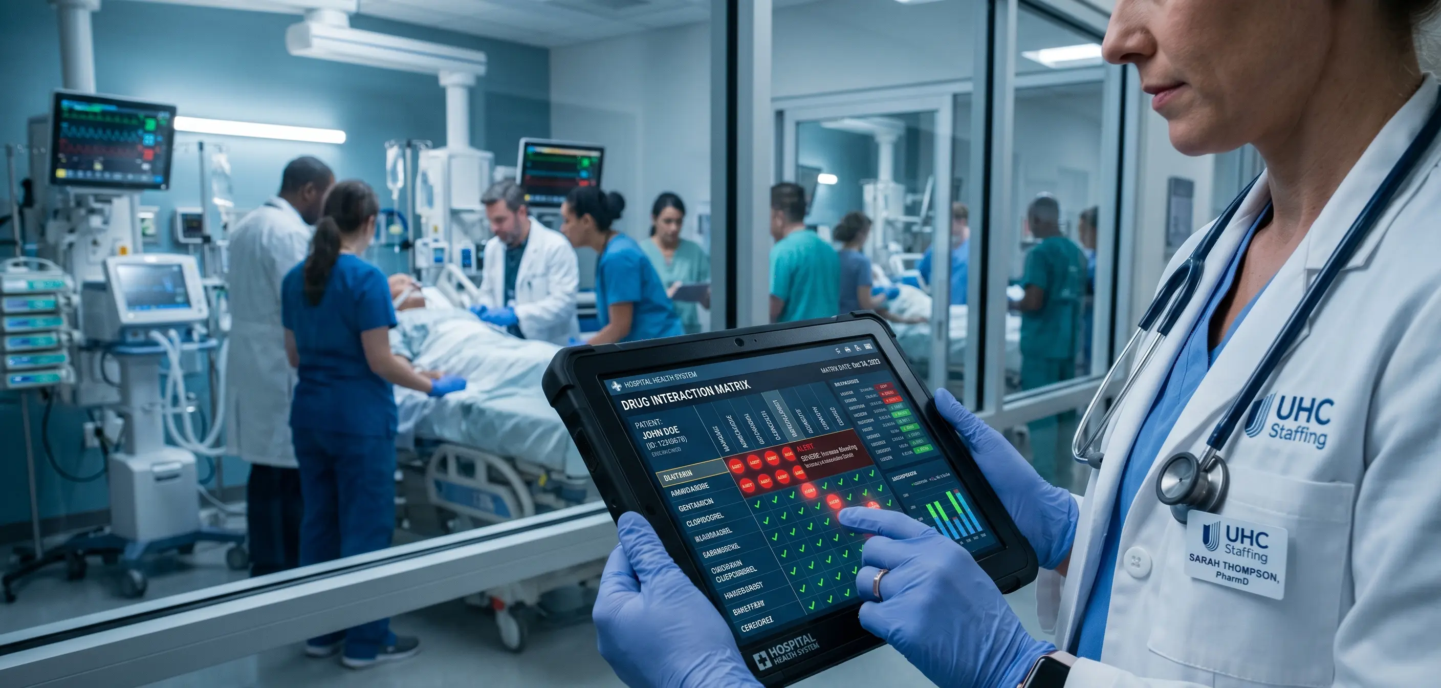 A healthcare professional wearing blue gloves holds a tablet displaying a Drug Interaction Matrix in a busy hospital emergency room with medical staff treating a patient in the background.