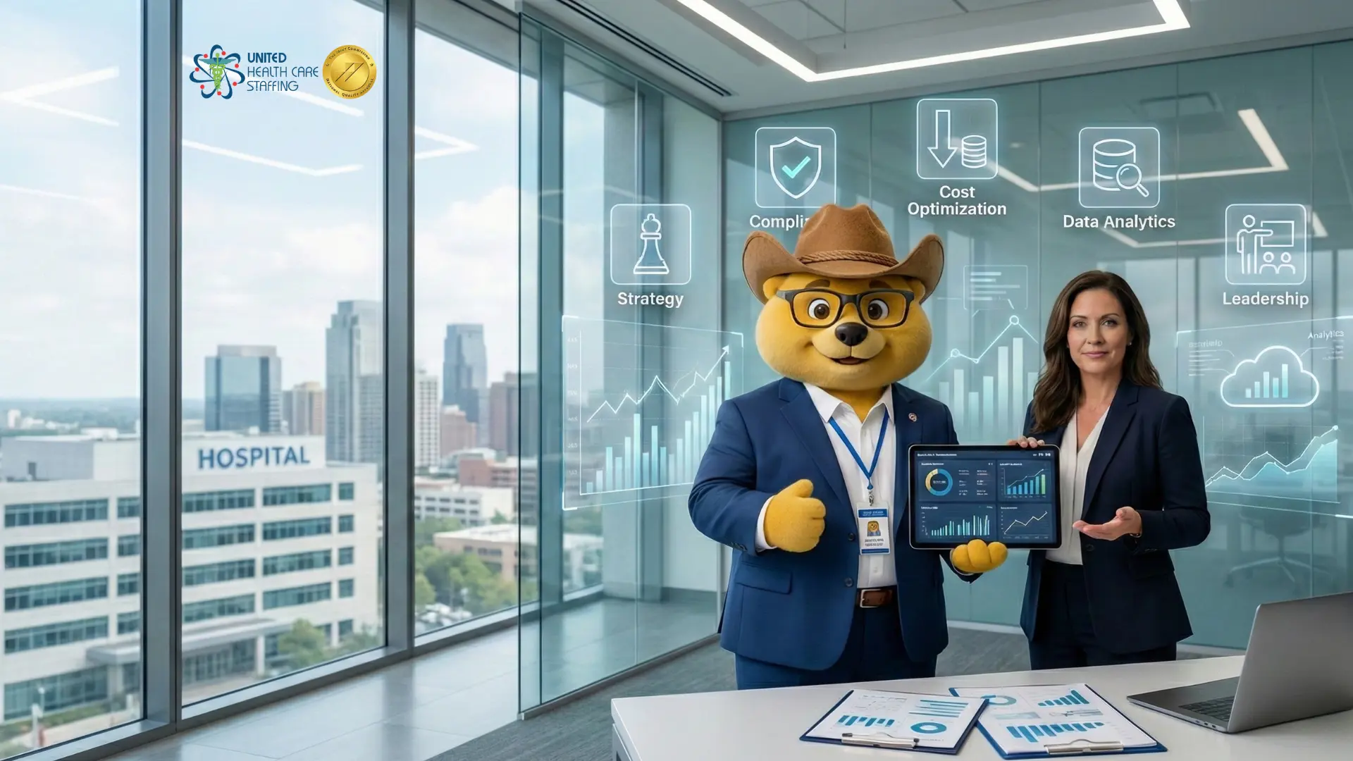 A professional digital illustration for United Health Care Staffing featuring mascot Uni-Ted in a blue business suit and a female executive in a modern high-rise office. Uni-Ted is holding a tablet displaying financial data and growth charts. Floating digital icons for Strategy, Compliance, Cost Optimization, Data Analytics, and Leadership appear in the background with a city hospital view