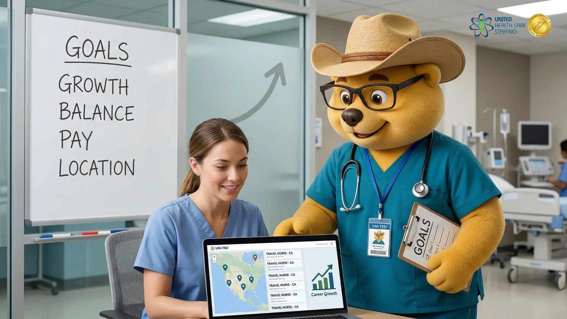 A female nurse and a cartoon bear character review a Career Growth map on a laptop next to a whiteboard listing goals like balance, pay, and location.