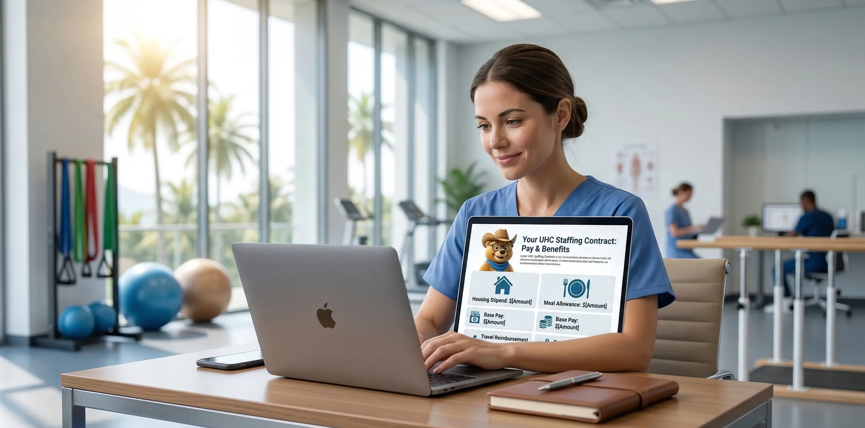 A female healthcare worker in blue scrubs sits at a desk in a bright, modern clinic, looking at a laptop. The laptop screen displays a Your UHC Staffing Contract: Pay & Benefits document, featuring icons for housing stipends, meal allowances, and base pay, alongside a friendly bear mascot in a cowboy hat. The background shows a sunny physical therapy space with large windows, palm trees outside, and exercise equipment like yoga balls and resistance bands.