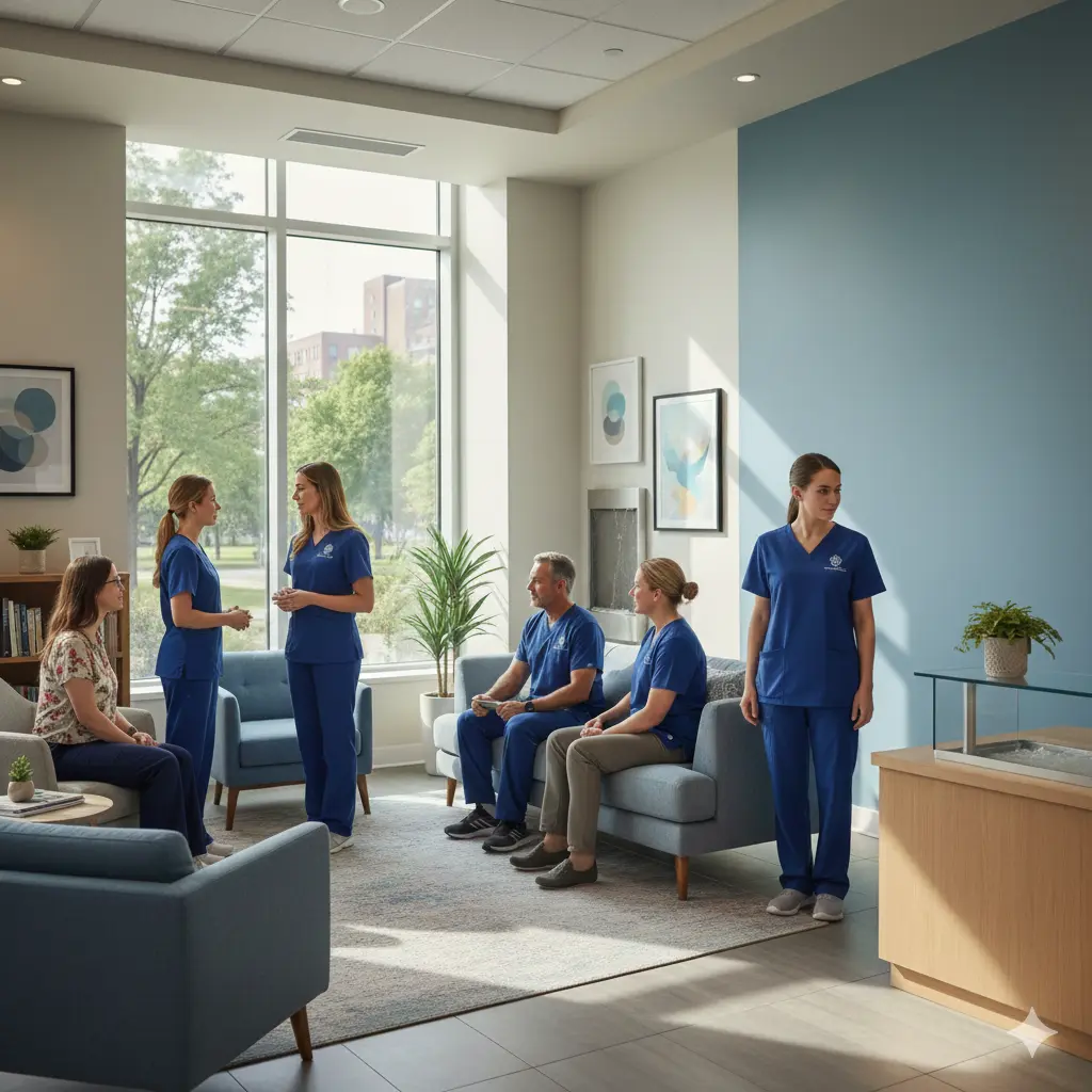 A friendly bear mascot wearing a cowboy hat, glasses, and teal medical scrubs, carrying a backpack with a bedroll and holding a digital tablet.
