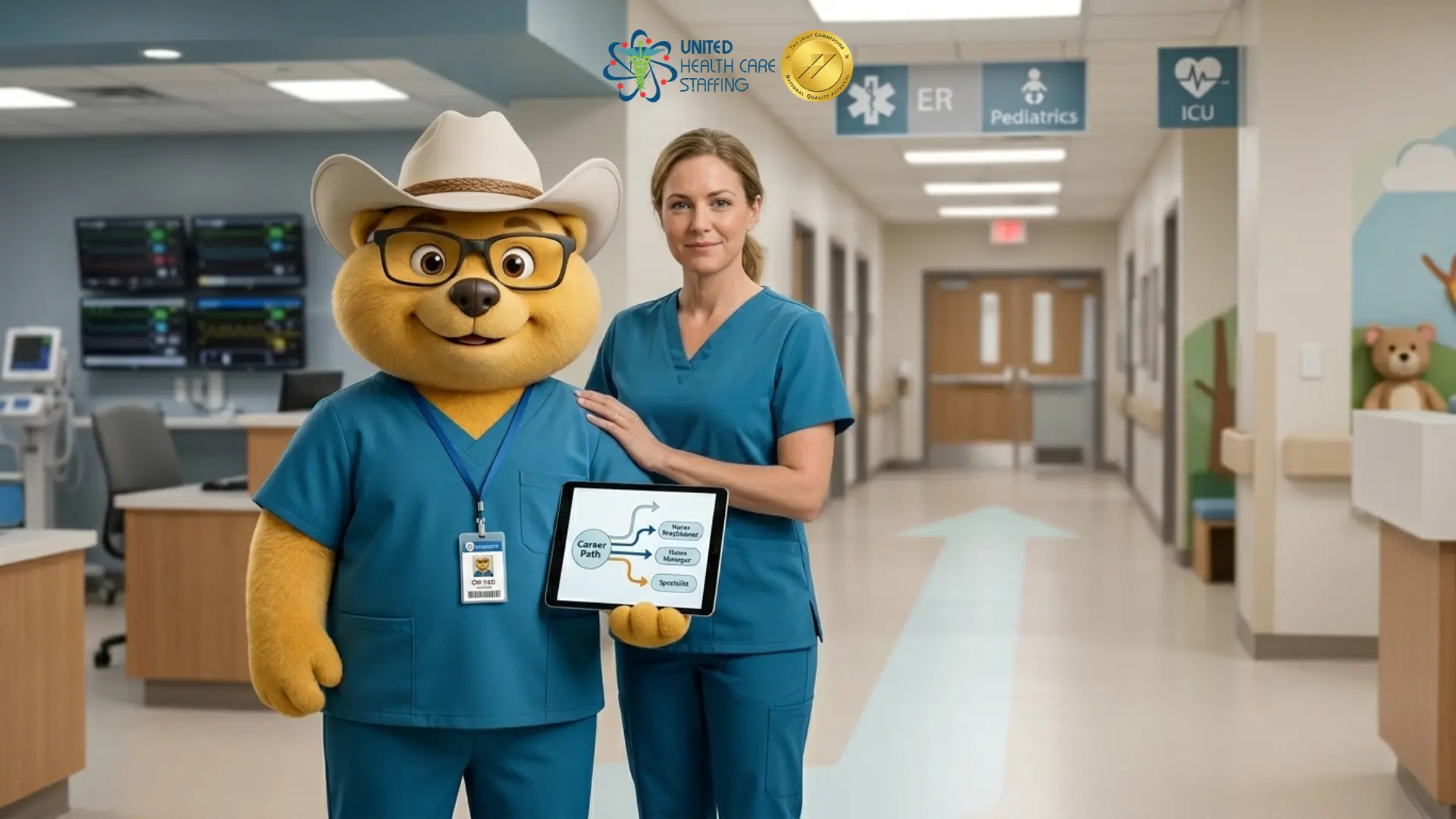 Nursing career path illustration by United Health Care Staffing featuring a nurse and mascot in a modern hospital setting. The image highlights healthcare recruitment opportunities for Nurse Practitioners and Nurse Managers with a gold-standard quality certification.