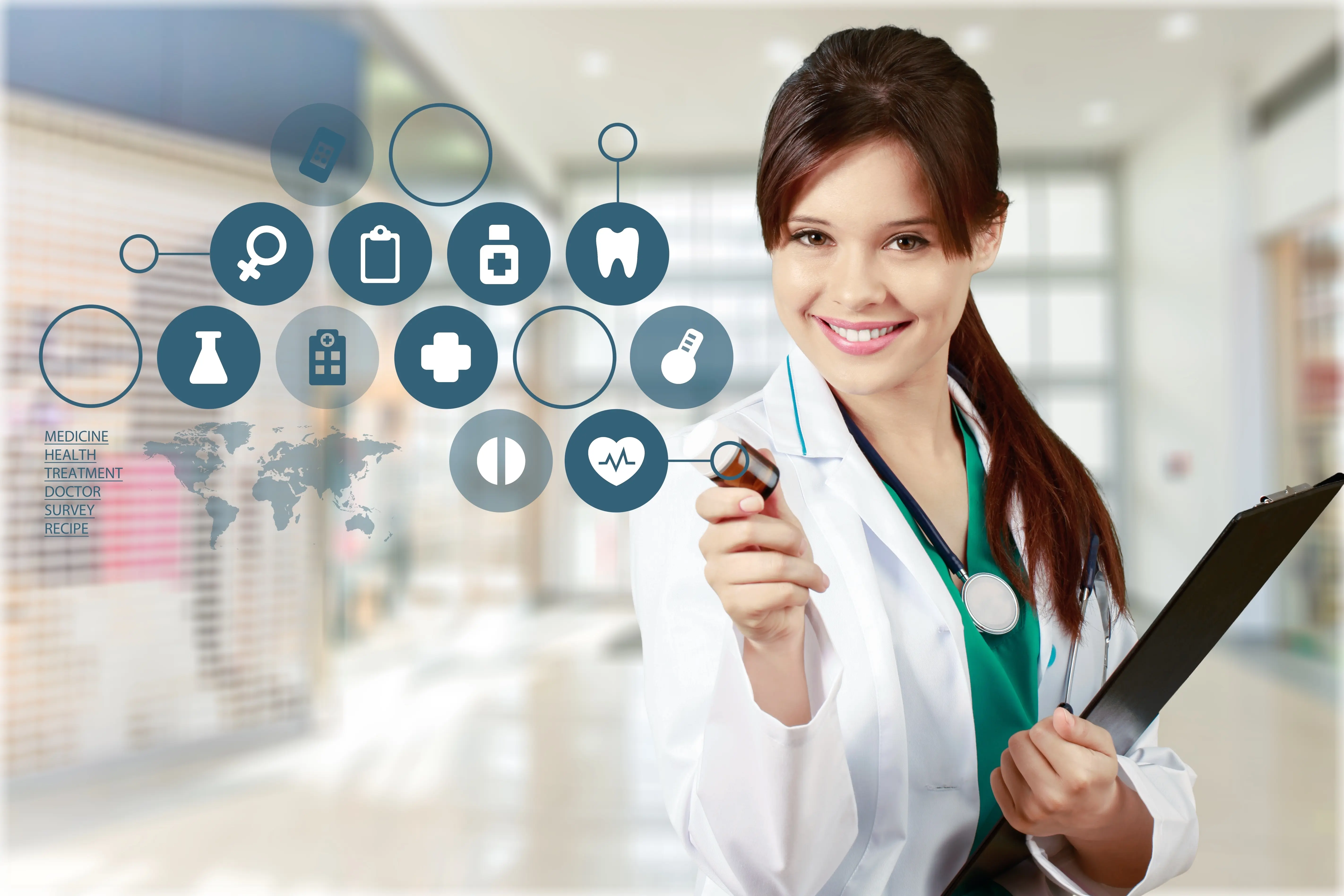 Female healthcare professional holding a clipboard with floating medical technology icons for medicine, health, and treatment. Ideal for medical services and digital healthcare innovation concepts.