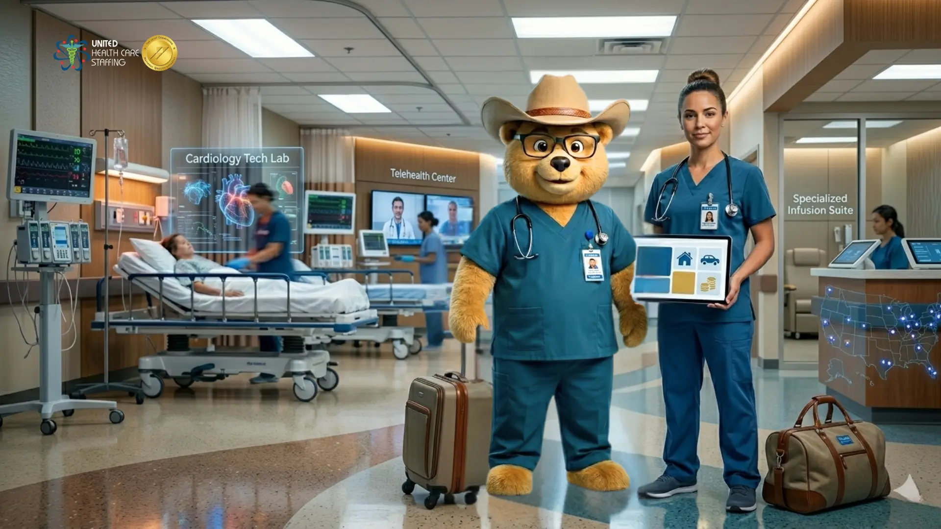 Travel nursing career opportunities by United Health Care Staffing. Image shows a nurse and mascot with travel luggage in a modern healthcare facility featuring cardiology, telehealth, and specialized infusion departments.