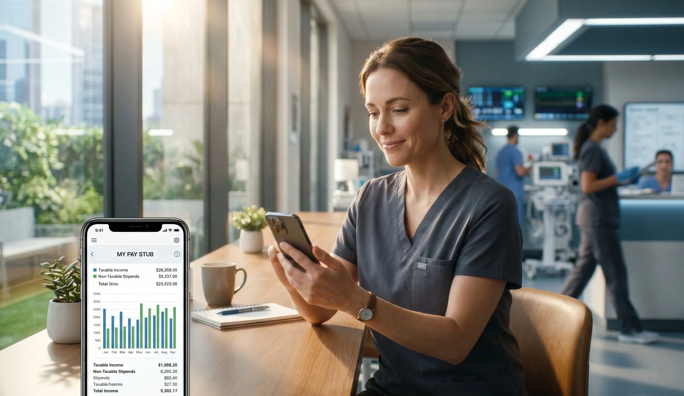A female nurse in grey scrubs reviewing her nursing salary and stipends on a mobile payroll app. The digital "My Pay Stub" dashboard displays a financial breakdown of taxable income and non-taxable stipends with a bar chart, representing transparency in healthcare staffing and nursing compensation in a modern hospital setting.