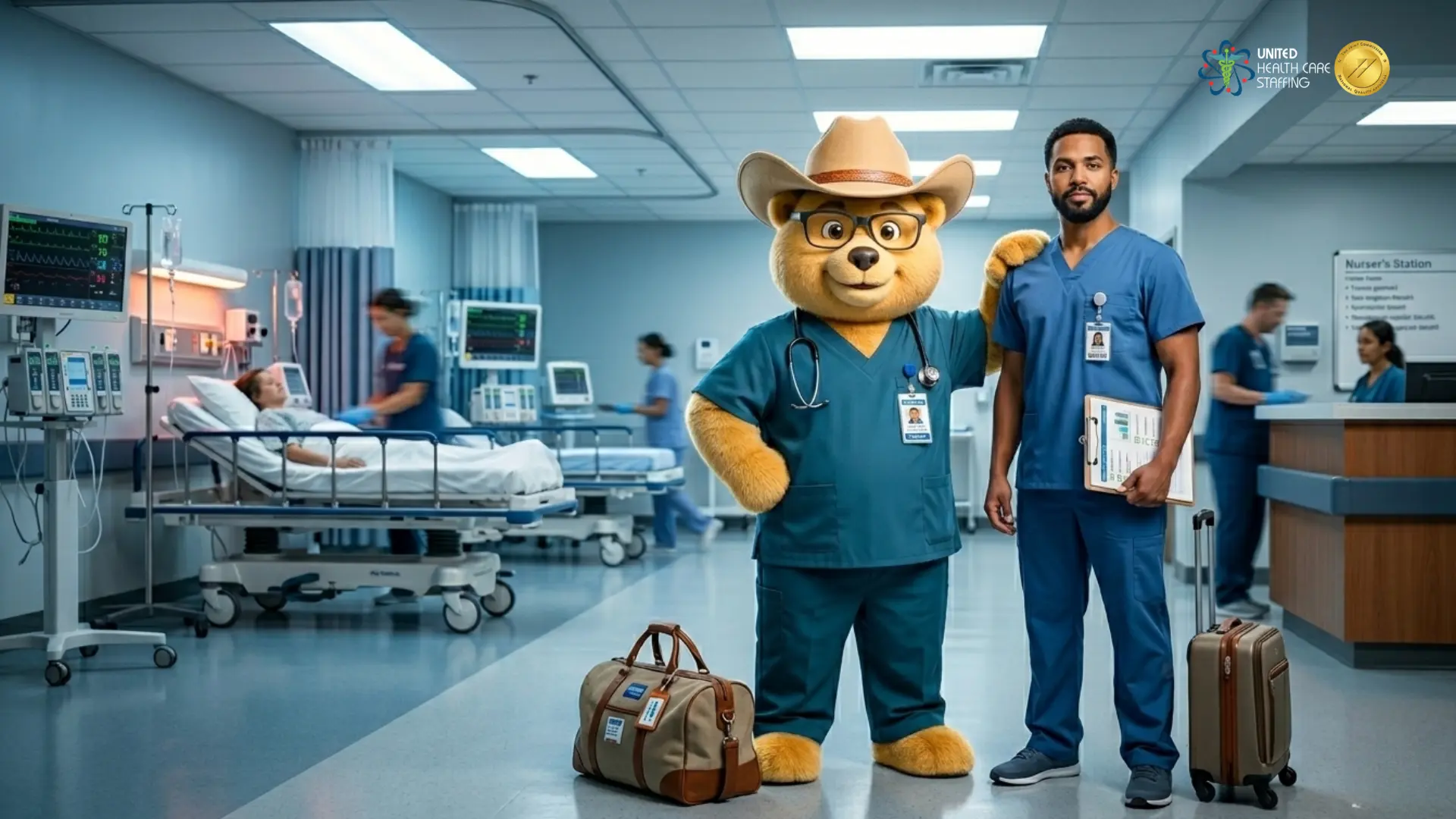 A male travel nurse in blue scrubs standing next to a bear mascot wearing a cowboy hat and medical uniform in a busy hospital ward. The image features travel luggage and a duffel bag, highlighting travel nursing career opportunities with United Health Care Staffing. In the background, medical staff attend to a patient in a modern clinical facility with the company logo and a gold quality seal displayed at the top.