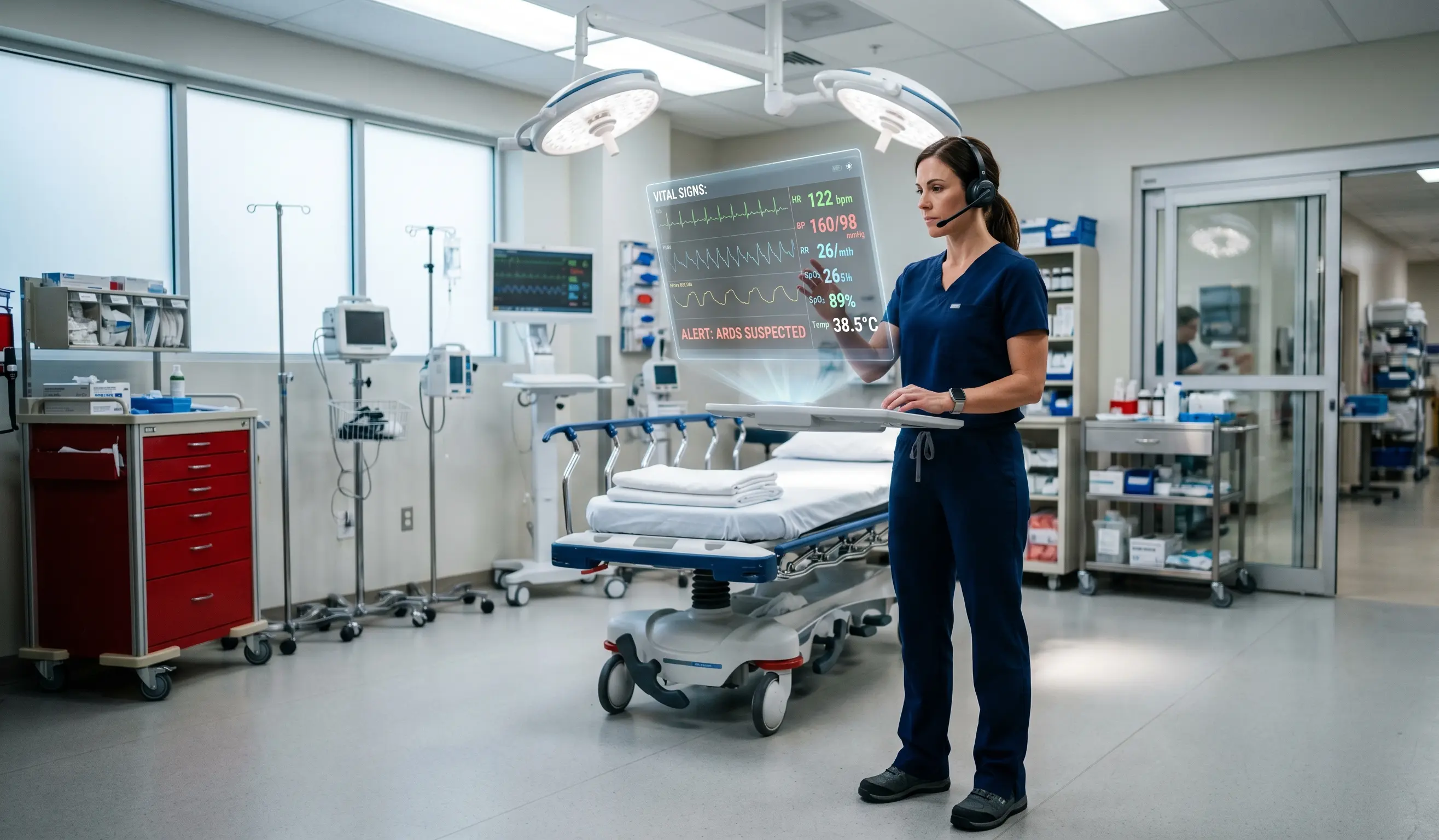 A female nurse in navy blue scrubs wearing a headset and using a futuristic holographic interface to monitor patient vital signs in a modern hospital room. The digital display shows heart rate, blood pressure, and an "ALERT: ARDS SUSPECTED" notification. This image represents advanced healthcare technology, telehealth services, and critical care nursing in a high-tech clinical setting.