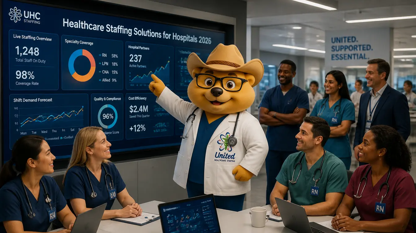 A healthcare staffing dashboard displaying medical data analytics, with a bear mascot in a doctor's coat pointing to the screen for a team of nurses