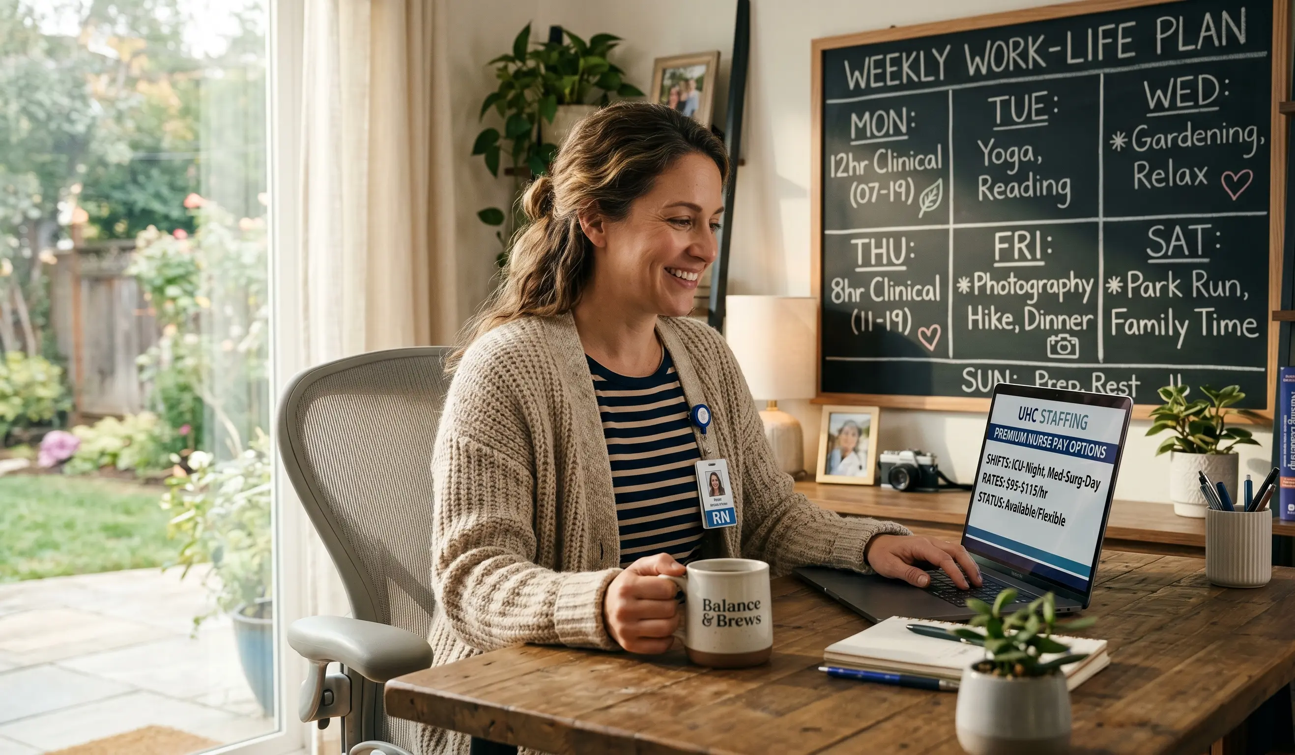 A smiling nurse holding a coffee mug and working on a laptop at a desk, with a Weekly Work-Life Plan chalkboard on the wall showing a balanced schedule of clinical shifts and personal activities.