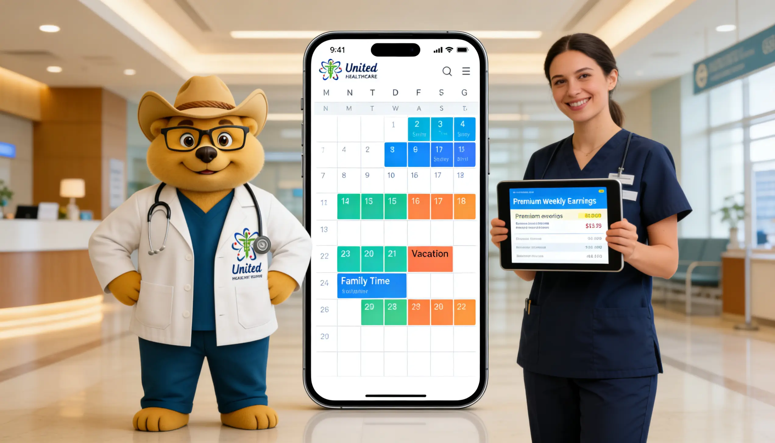 A female nurse holding a tablet showing premium weekly earnings next to a large smartphone displaying a shift calendar app, with a bear mascot standing in a hospital lobby.