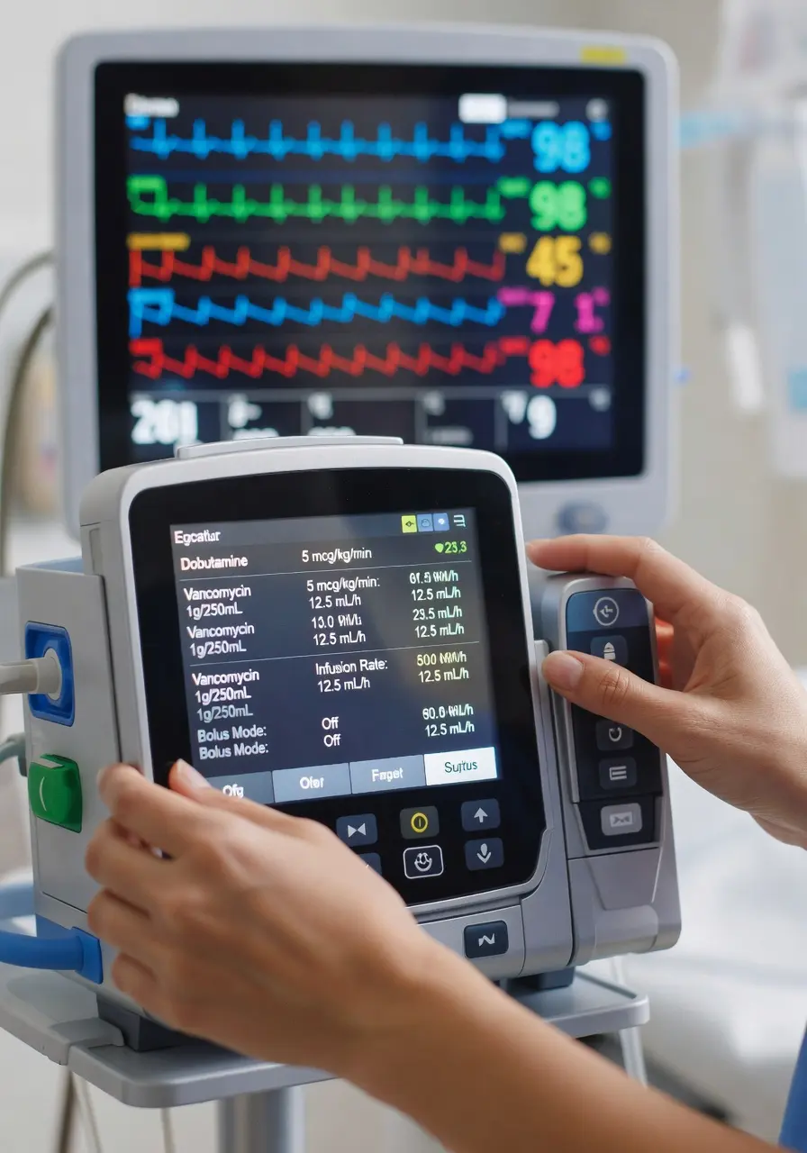 Close-up of a nurse's hands adjusting a medical smart infusion pump displaying medication dosages like Dobutamine and Vancomycin, with a patient vital signs monitor in the background.