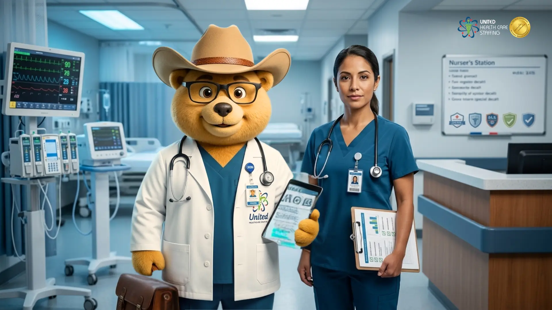 Female nurse and a friendly teddy bear doctor mascot standing in a modern hospital corridor near a nurses station.