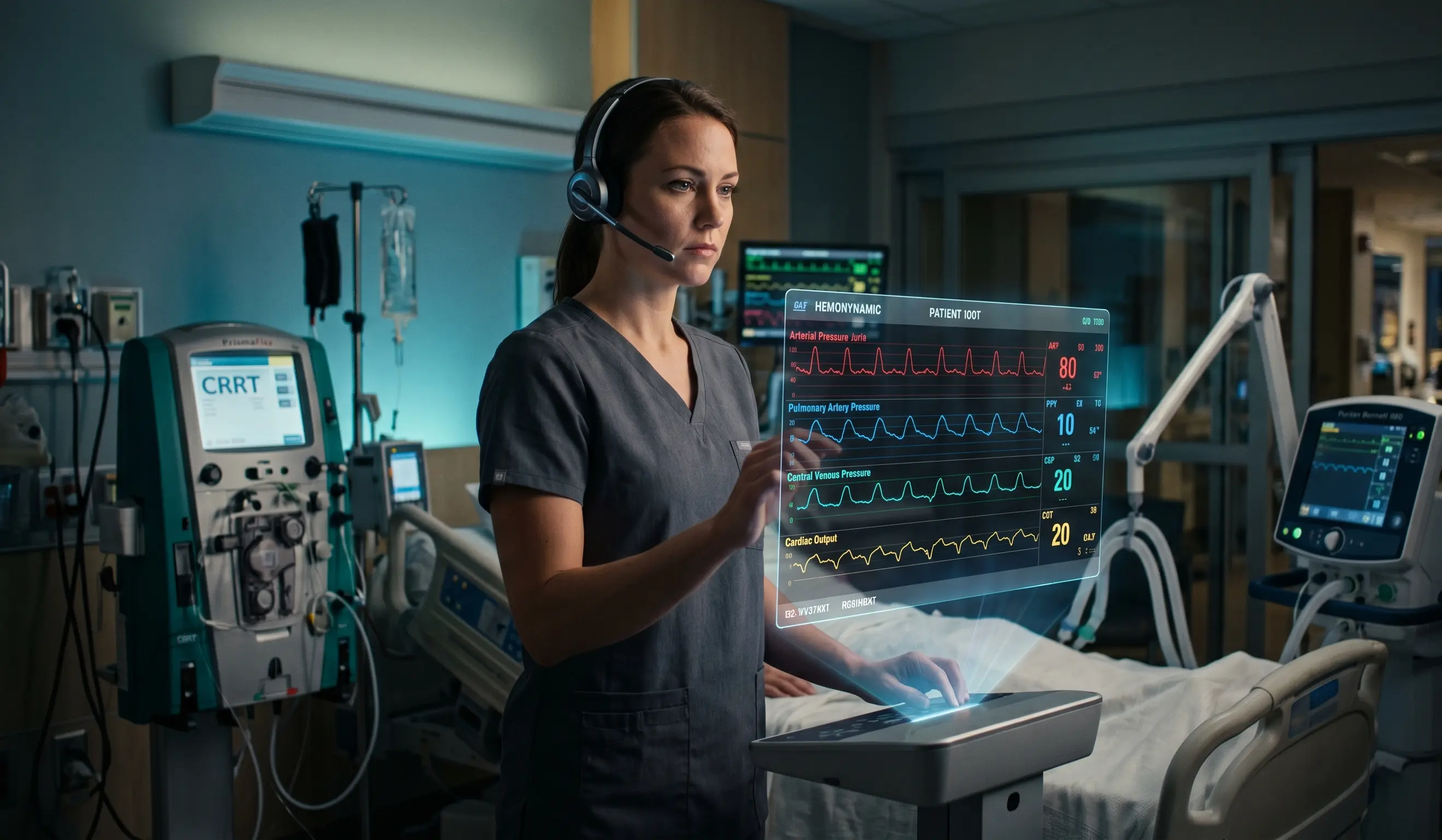 Female healthcare professional wearing grey scrubs and a headset interacting with a futuristic holographic patient vital signs monitor in a hospital room.