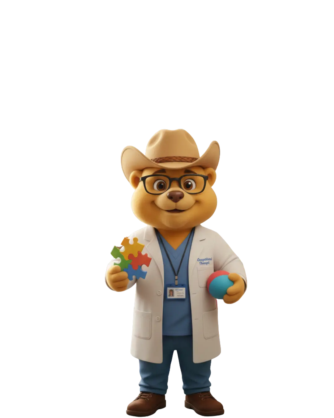 A circular, modern illustration icon with a teal border, featuring a human hand with five points of focus. A white silhouette of a hand is shown, with five white circles connected by subtle white lines to its fingertips and palm. Four teal icons within small white circles surround the hand: a running person, a lightbulb with an upward trend arrow, a person lifting a dumbbell, and a puzzle piece with an idea icon. At the bottom, a white ribbon banner contains the text OCCUPATIONAL THERAPY in teal capital letters. The background is a clean, simple teal circle.