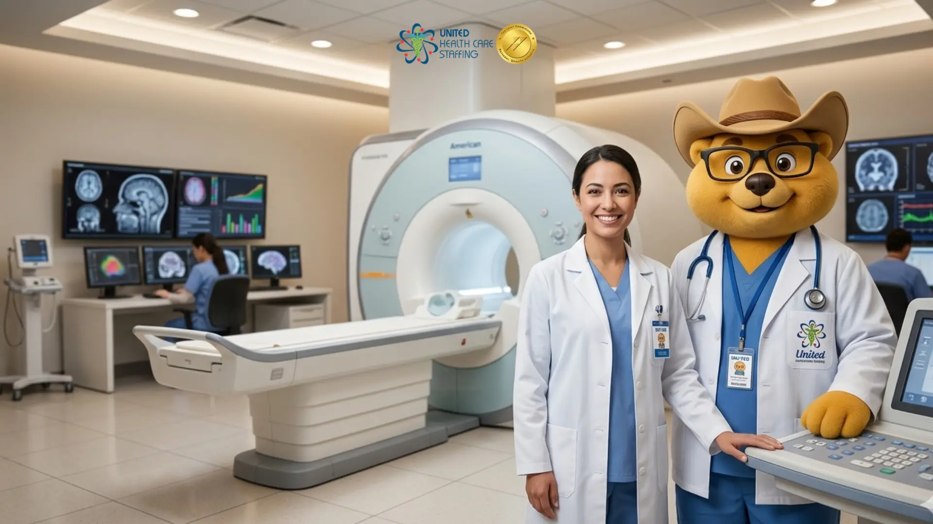 Mascot Uni-Ted lab coat aur cowboy hat mein ek smiling radiologist ke saath khade hain ek modern MRI scanning room mein jahan brain imaging monitors dikh rahe hain.