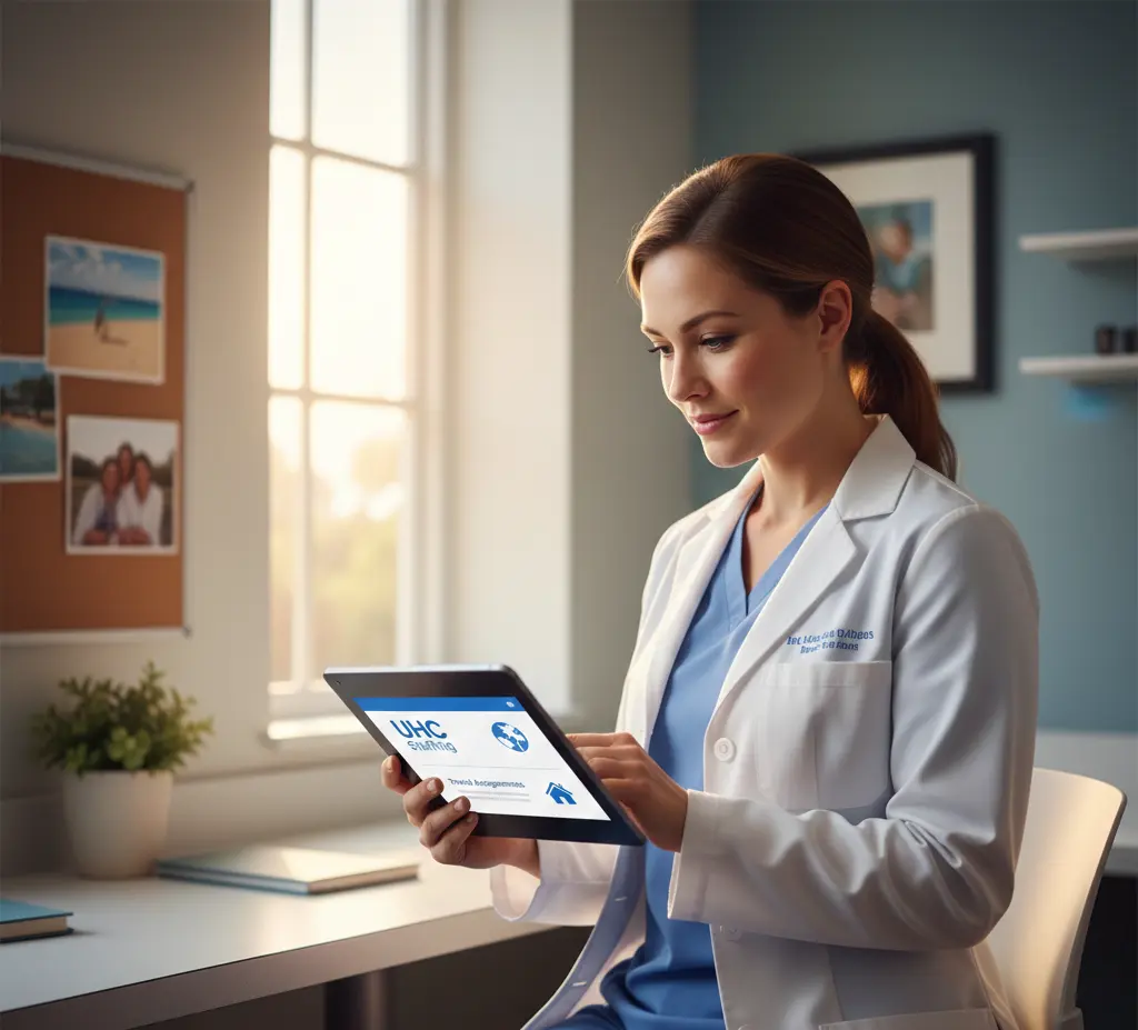A female healthcare professional in a white lab coat and blue scrubs sits at a desk in a bright, sunlit office. She is focused on a digital tablet displaying the UHC Staffing logo and various application icons. The background features a soft-lit window, a corkboard with pinned photos, and a small potted plant on the desk, creating a warm and professional medical workspace.
