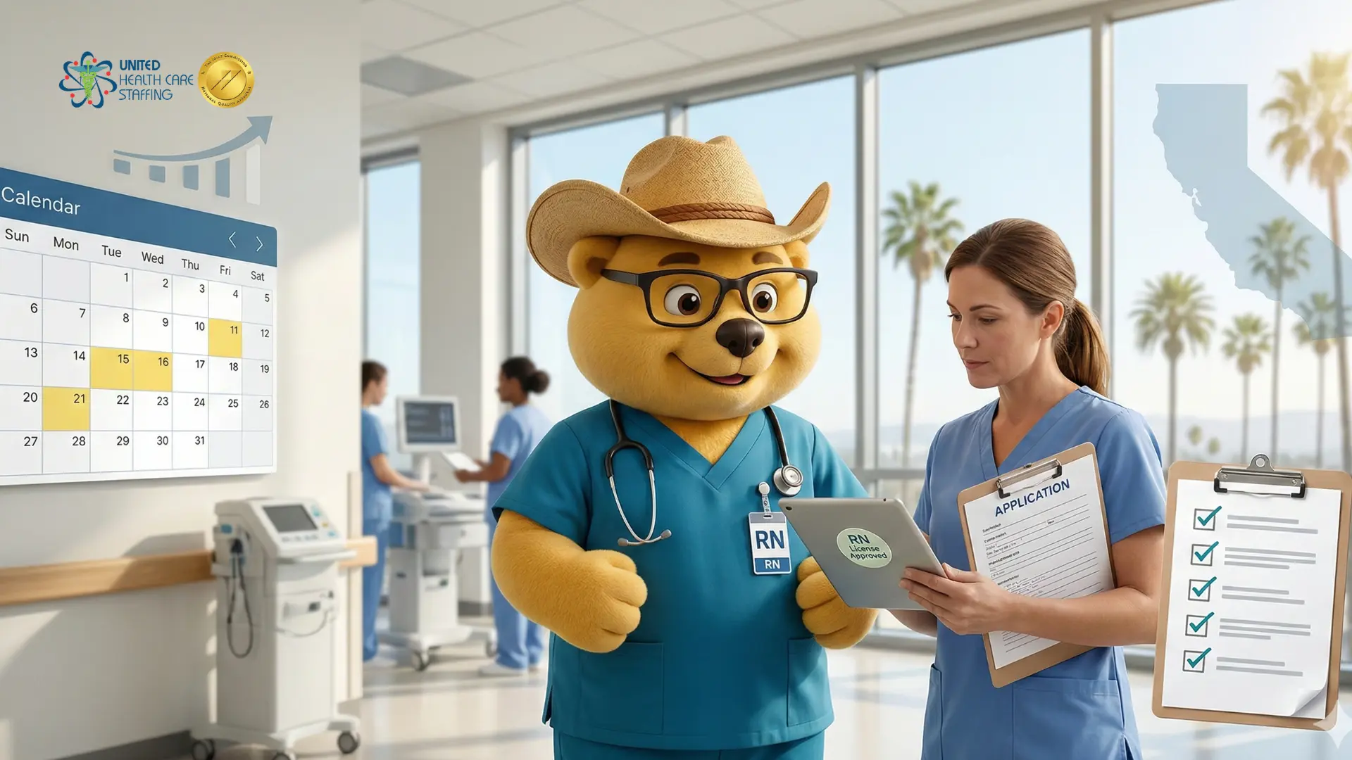 A friendly cartoon bear character in blue scrubs and a cowboy hat stands next to a female nurse holding a medical application; the background features a clinical setting with a wall calendar and palm trees visible through a window.