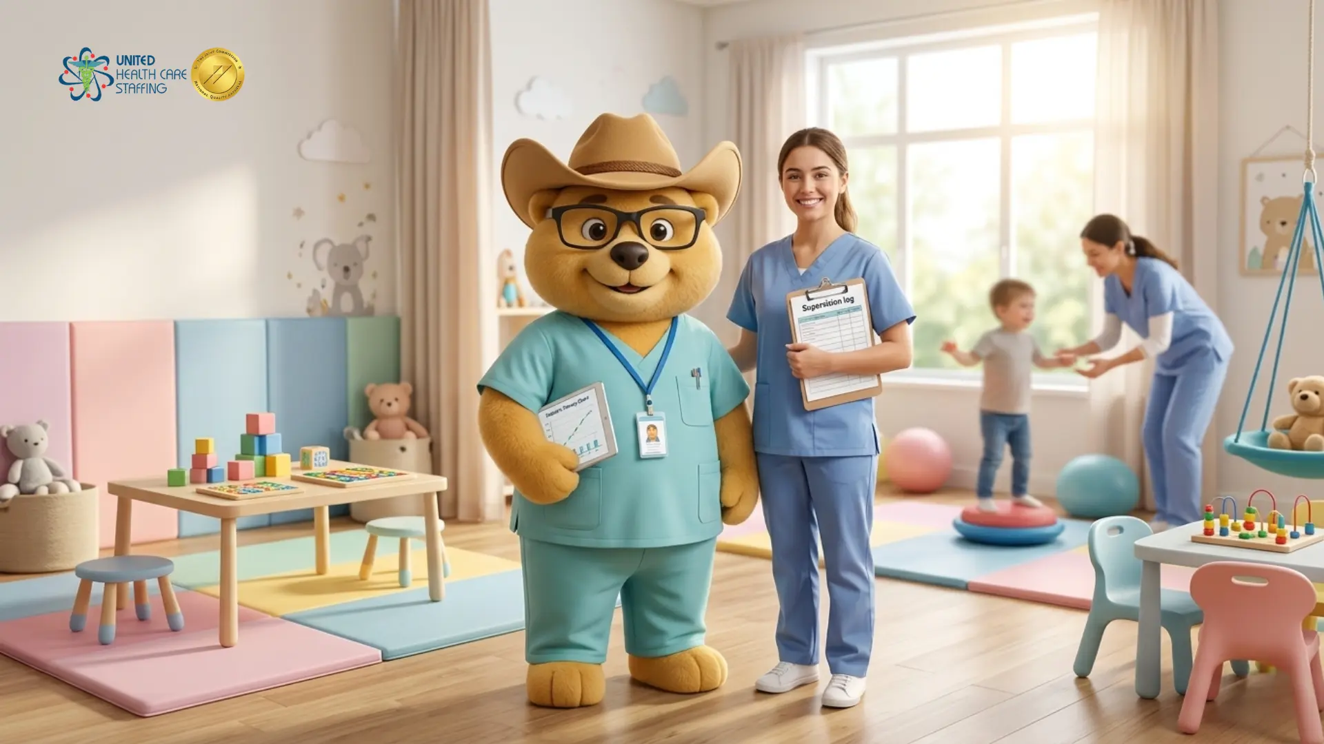 A friendly, bespectacled bear mascot named Uni-Ted, wearing a cowboy hat and a doctor’s white coat over blue scrubs, is conducting a speech therapy session with a young boy in a bright, modern clinic. The mascot is holding up a flashcard with the word CAT and gesturing toward a tablet displaying a speech-language analysis app with a graph. The boy and a female clinician in teal scrubs are looking at the card and tablet. The background is a clean, sunlit therapy room with colorful educational posters, a wooden communication board, and toys. Through a large window, a view of palm trees and a city skyline can be seen. The United Health Care Staffing logo is visible in the top-left corner.