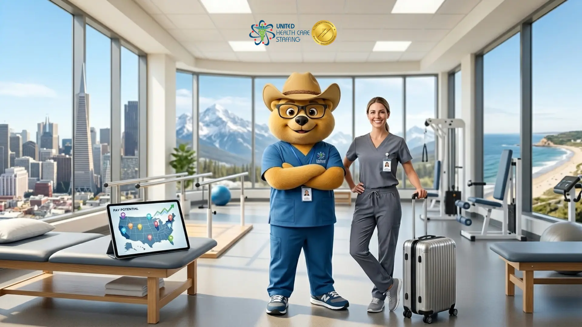 United Health Care Staffing promotional image featuring a healthcare professional in grey scrubs and a bear mascot in blue scrubs and a cowboy hat. They are standing in a modern physical therapy clinic with panoramic window views of a city skyline, snowy mountains, and a beach. A tablet in the foreground displays a US map titled 'Pay Potential,' highlighting travel healthcare opportunities across the country