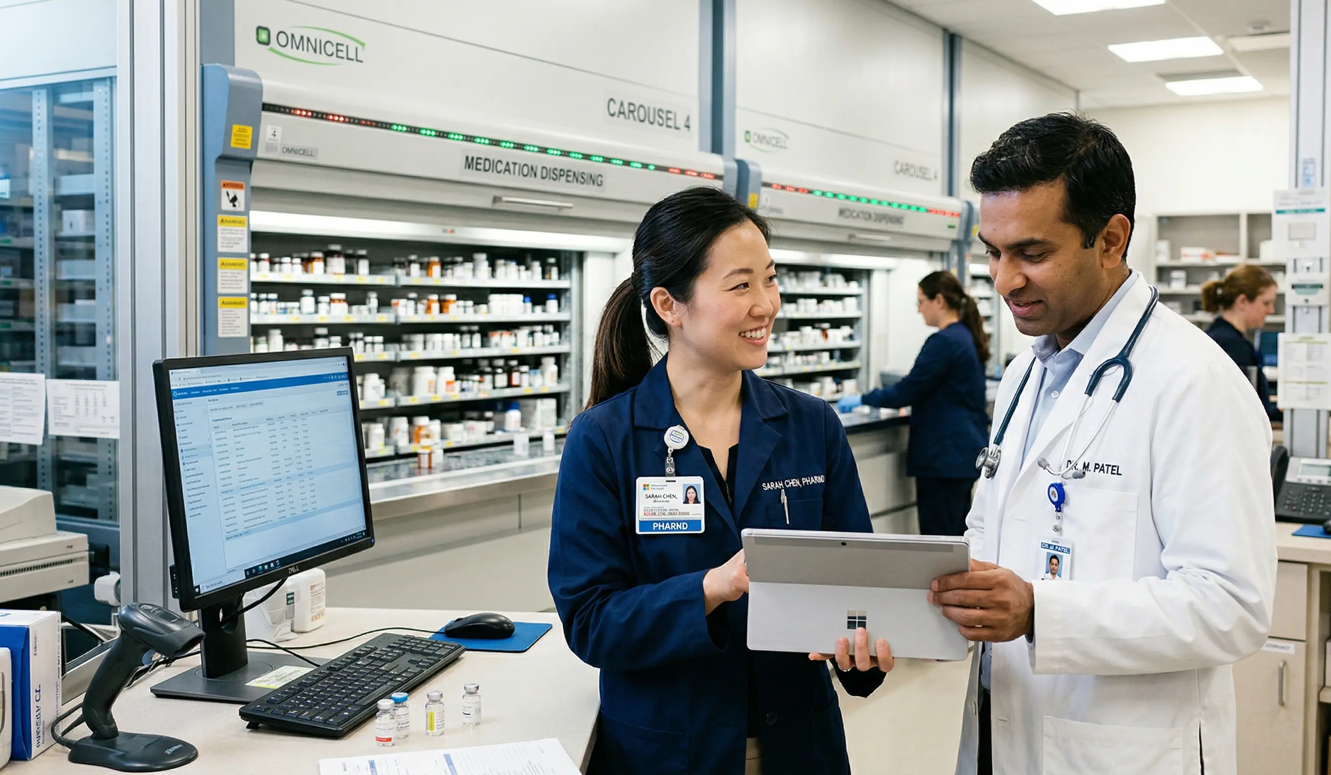 Pharmacist Sarah Chen and Dr. Patel using a tablet near an Omnicell automated medication dispensing system in a hospital setting.