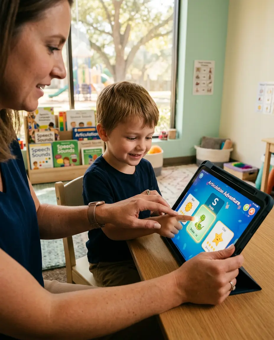 A speech-language pathologist guiding a young boy during a therapy session as he uses an interactive 'Articulation Adventure' app on a tablet in a classroom.