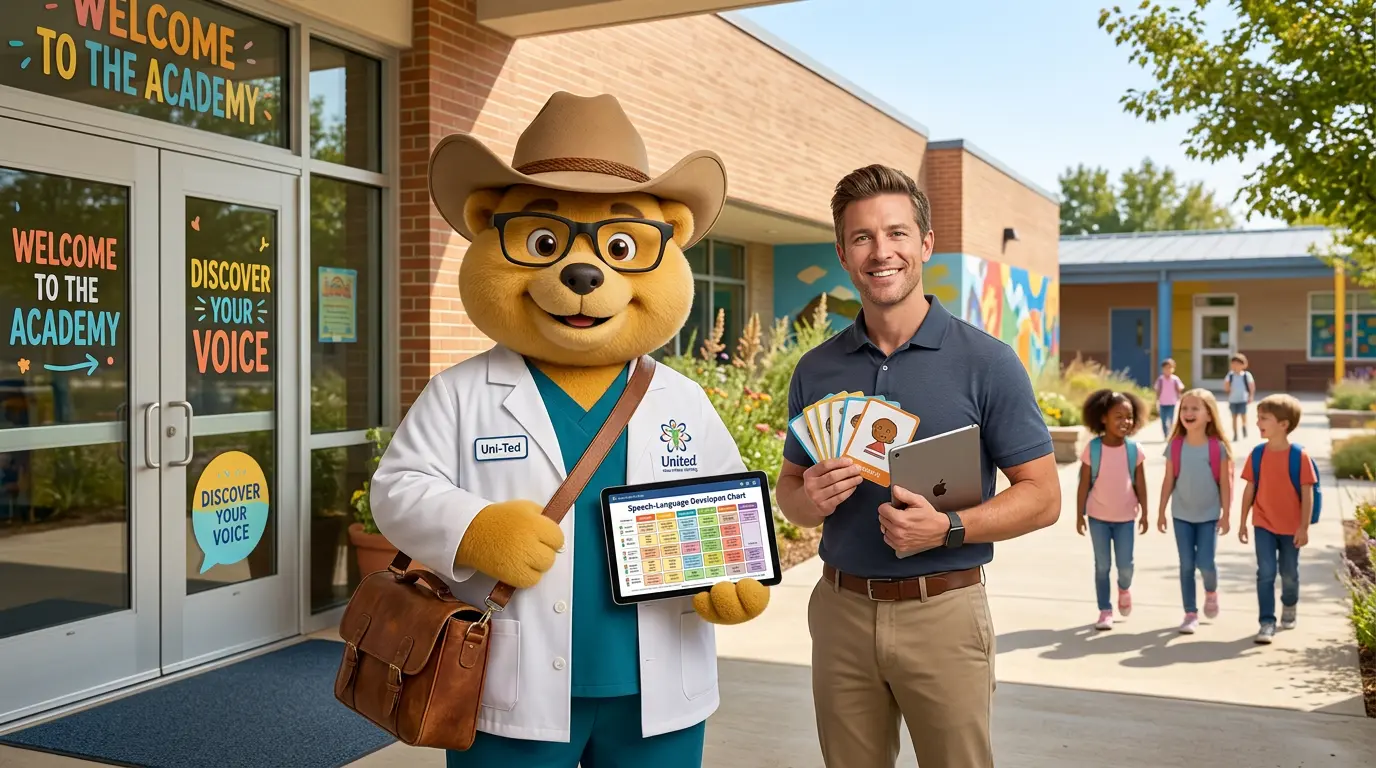 The uni-ted mascot in a lab coat holding a 'Speech-Language Development Chart' on a tablet next to a male therapist holding flashcards and a tablet outside a school building with children walking in the background.