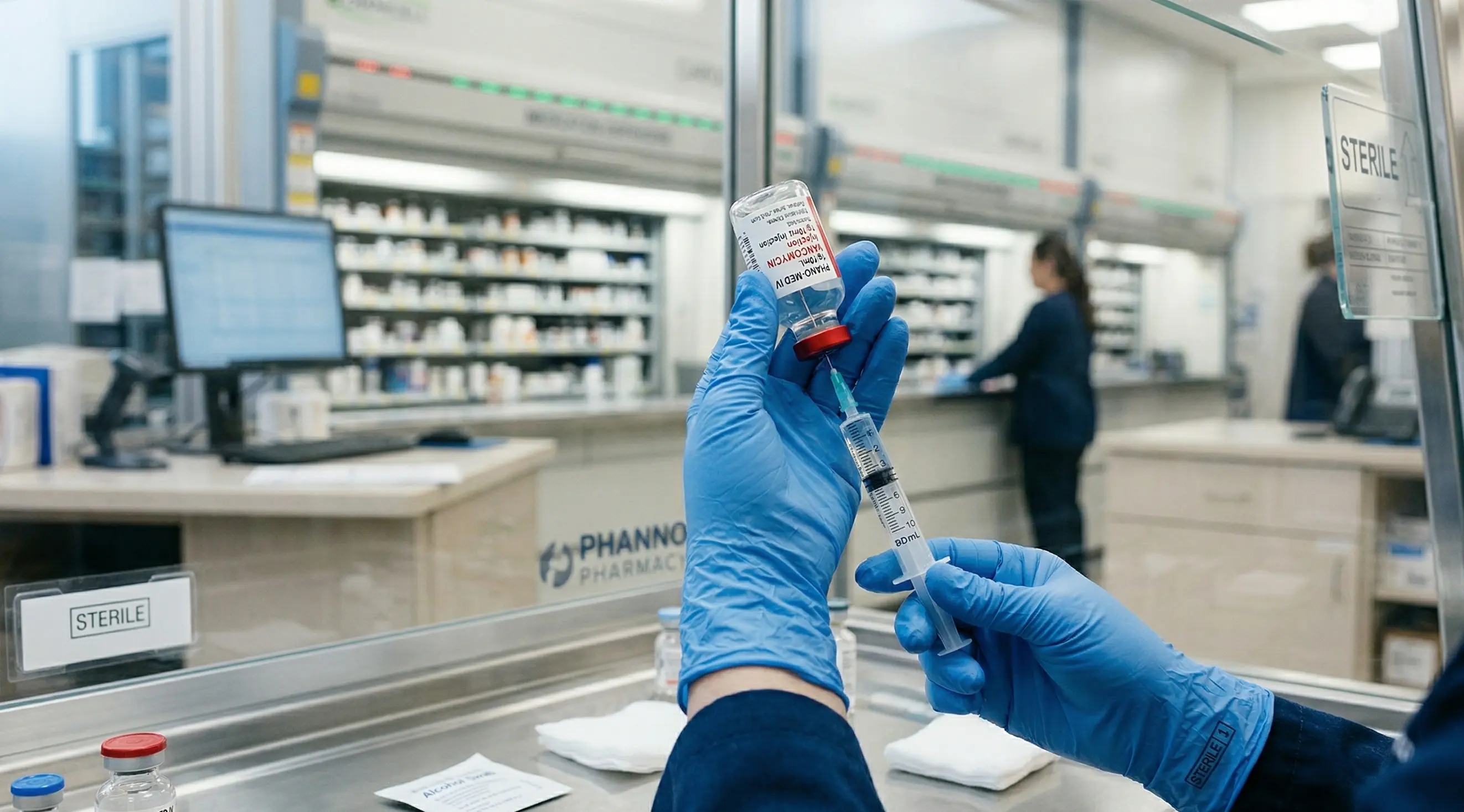 Close-up of a pharmacist in blue gloves drawing Vancomycin medication into a syringe in a sterile pharmacy environment.