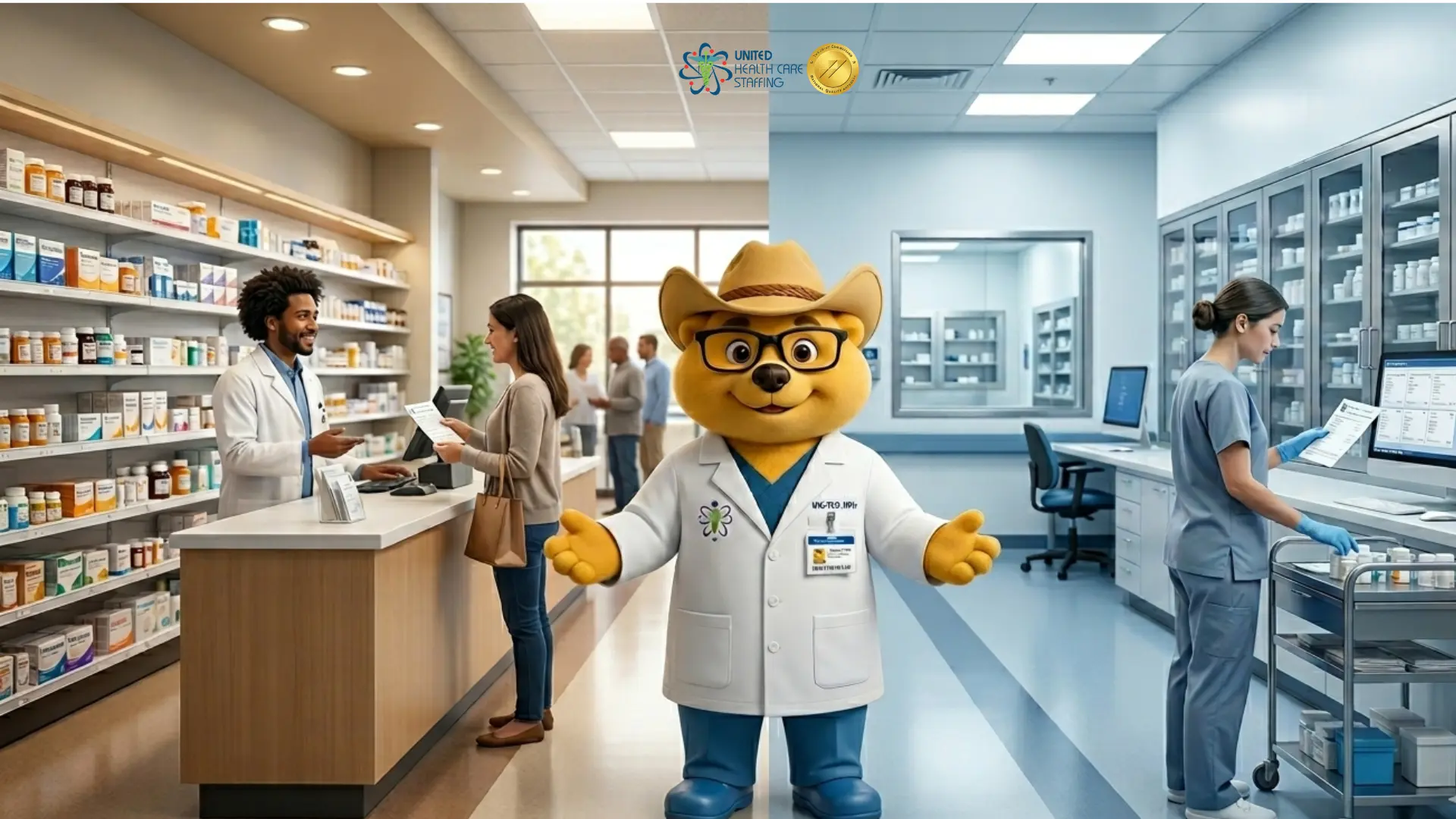 United Health Care Staffing banner showing a bear mascot bridging the gap between retail pharmacy and clinical hospital settings.
