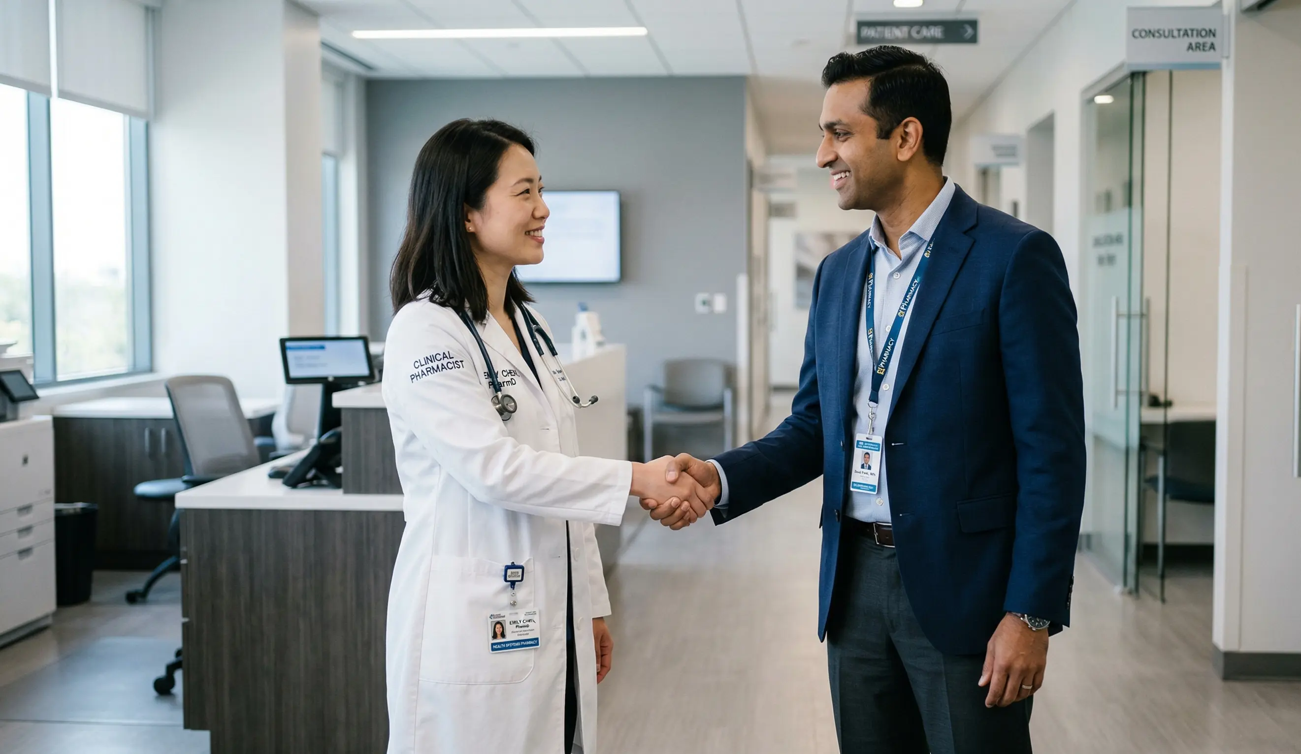A female clinical pharmacist in a white lab coat shaking hands with a male healthcare administrator in a suit within a modern medical office.
