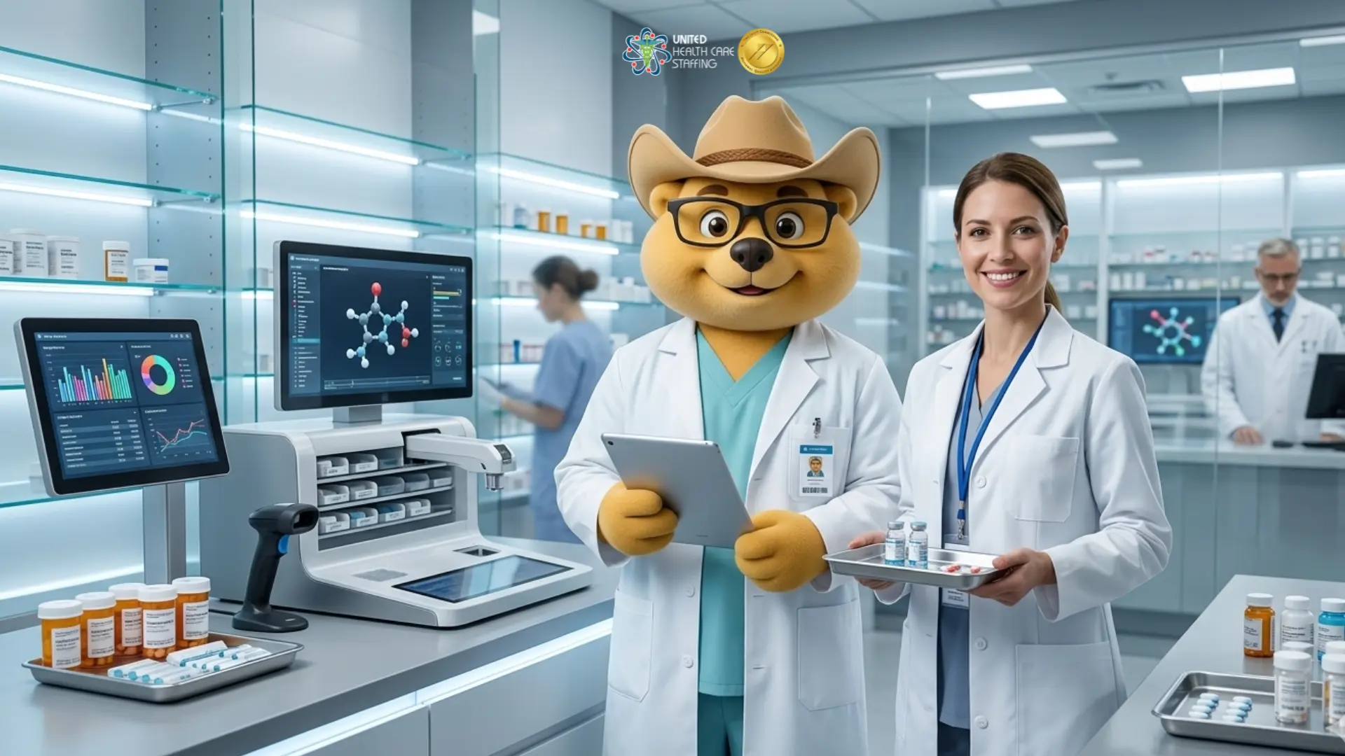 Mascot Uni-Ted lab coat aur cowboy hat mein tablet pakde hue, aur ek female pharmacist medicine tray liye khadi hain ek futuristic laboratory mein jahan data displays aur automated systems hain.