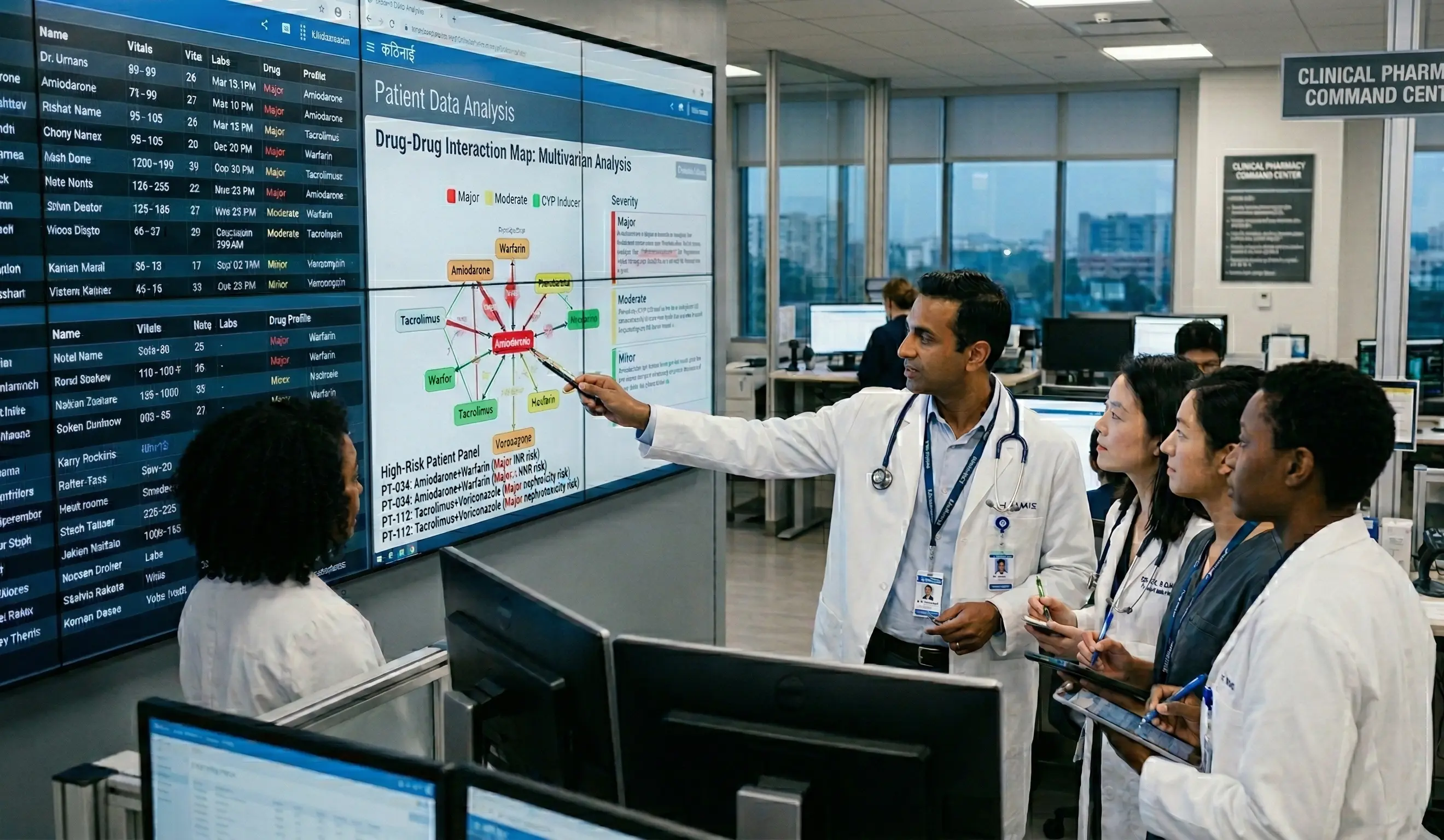 A doctor in a white coat pointing to a large 'Patient Data Analysis' screen while discussing a drug interaction map with a group of medical professionals in a Clinical Pharmacy Command Center.