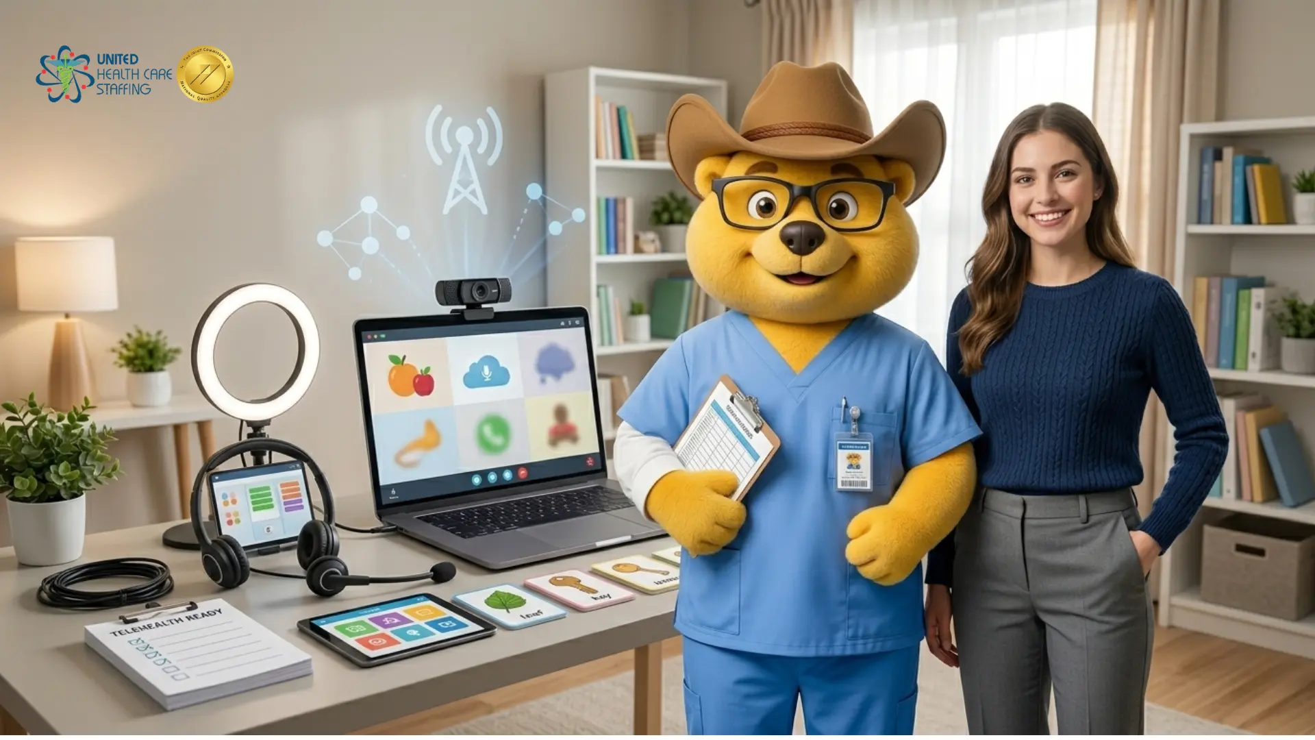 United Health Care Staffing promotional image showcasing a professional woman standing alongside the mascot Uni-Ted in a home office setup configured for virtual care. Uni-Ted is dressed in light blue scrubs and holds a clipboard. The workspace features a laptop with a webcam displaying a teletherapy interface, a ring light, a headset, and tablets alongside a 'Telehealth Ready' checklist, highlighting remote travel therapy and speech-language pathology job opportunities.