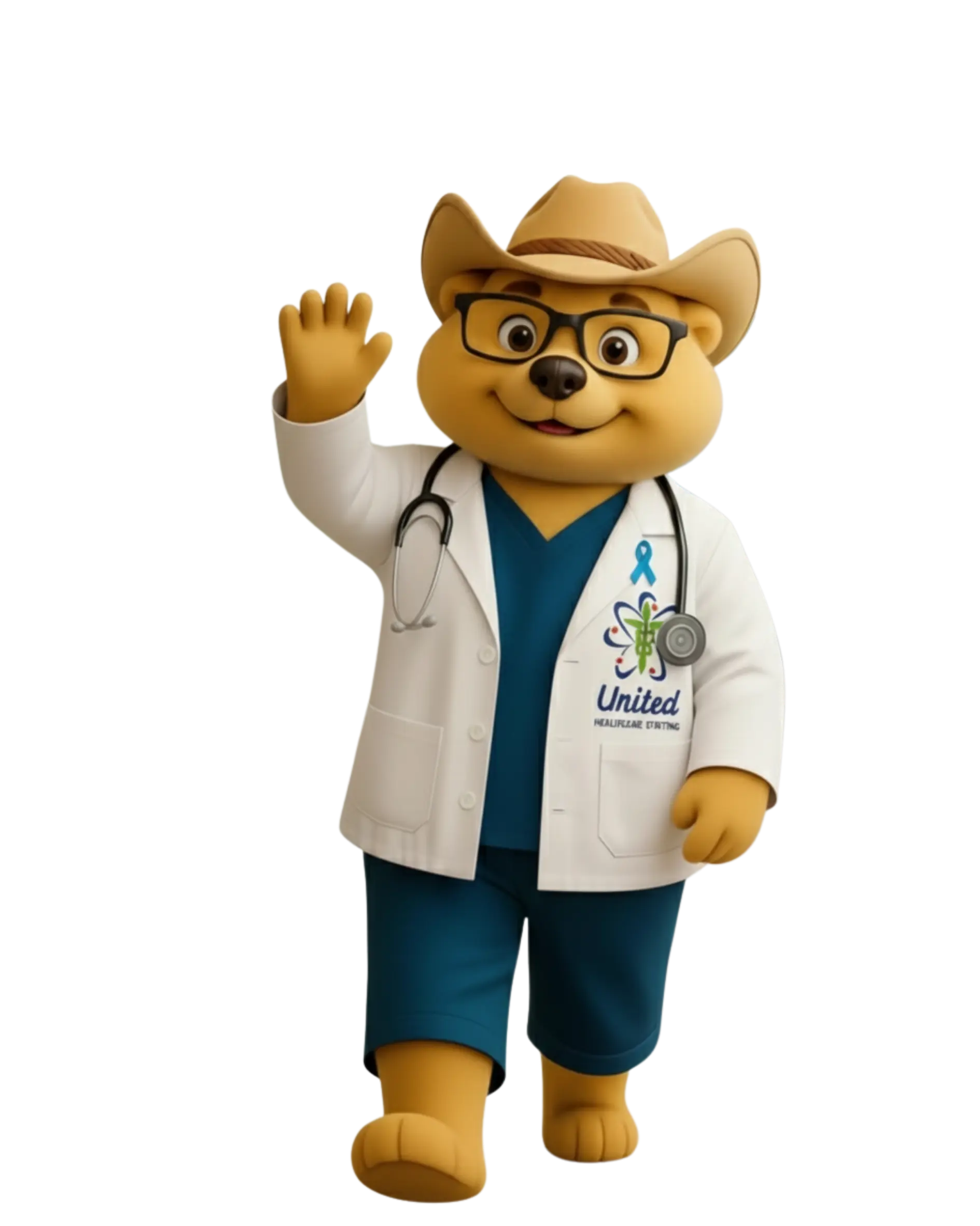 Friendly teddy bear doctor mascot wearing a cowboy hat, glasses, and a white lab coat waving on a white background.