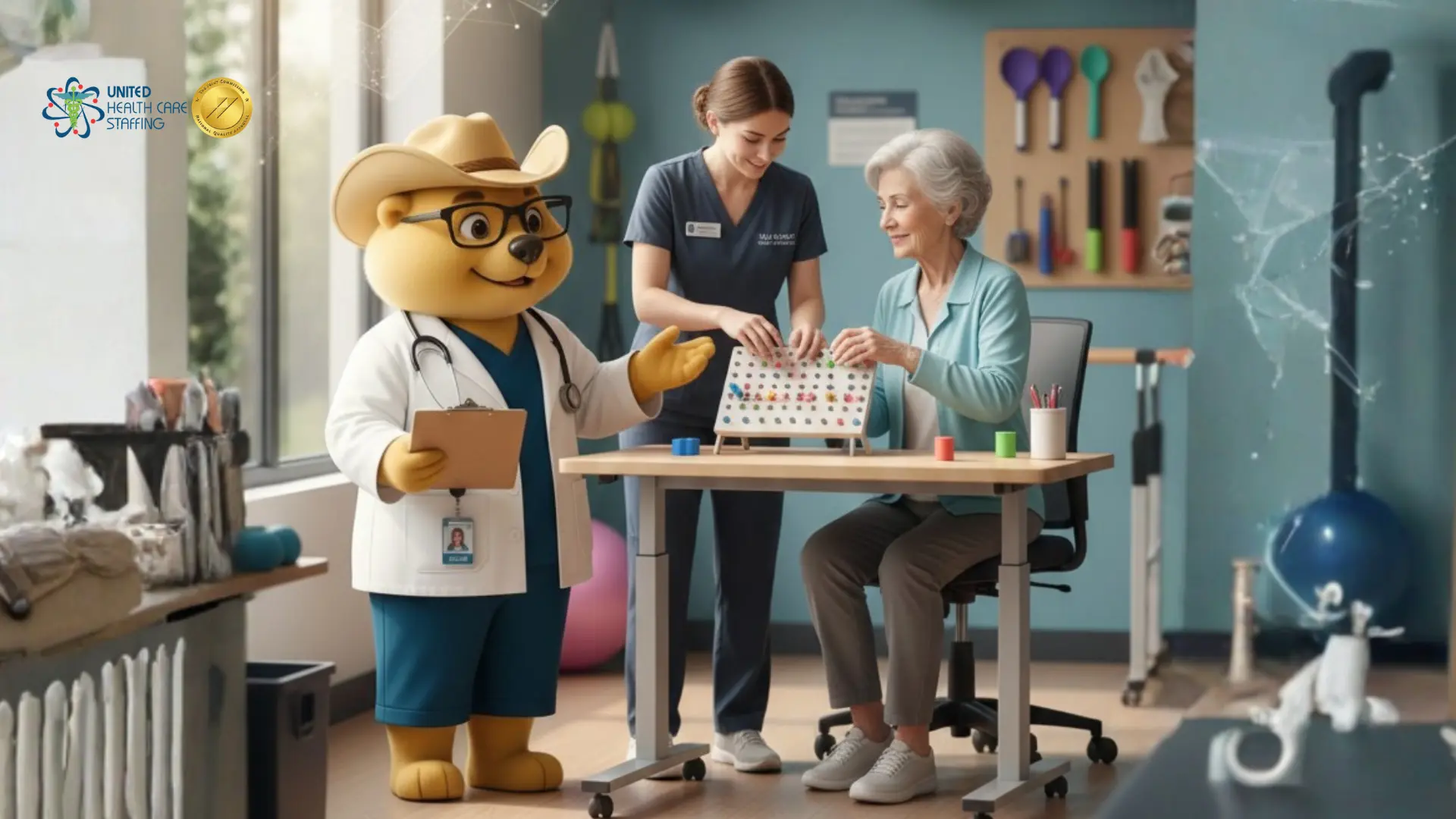An elderly woman sits at a desk in a therapy room, working on a fine motor skills pegboard with the assistance of a female healthcare professional. Standing to the left is a cheerful, life-sized bear mascot dressed as a doctor in a white coat and cowboy hat, holding a clipboard. The room is filled with medical and physical therapy equipment, and the /United Health Care Staffing/ logo is visible in the upper-left corner.