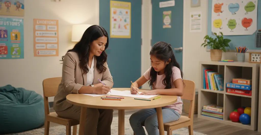 A professional healthcare clinician sitting at a small round wooden table with a young female student in a classroom setting. Both are focused on a drawing activity with colored pencils. The background shows educational posters on the walls and a bookshelf with toys, reflecting a supportive school-based therapy environment.