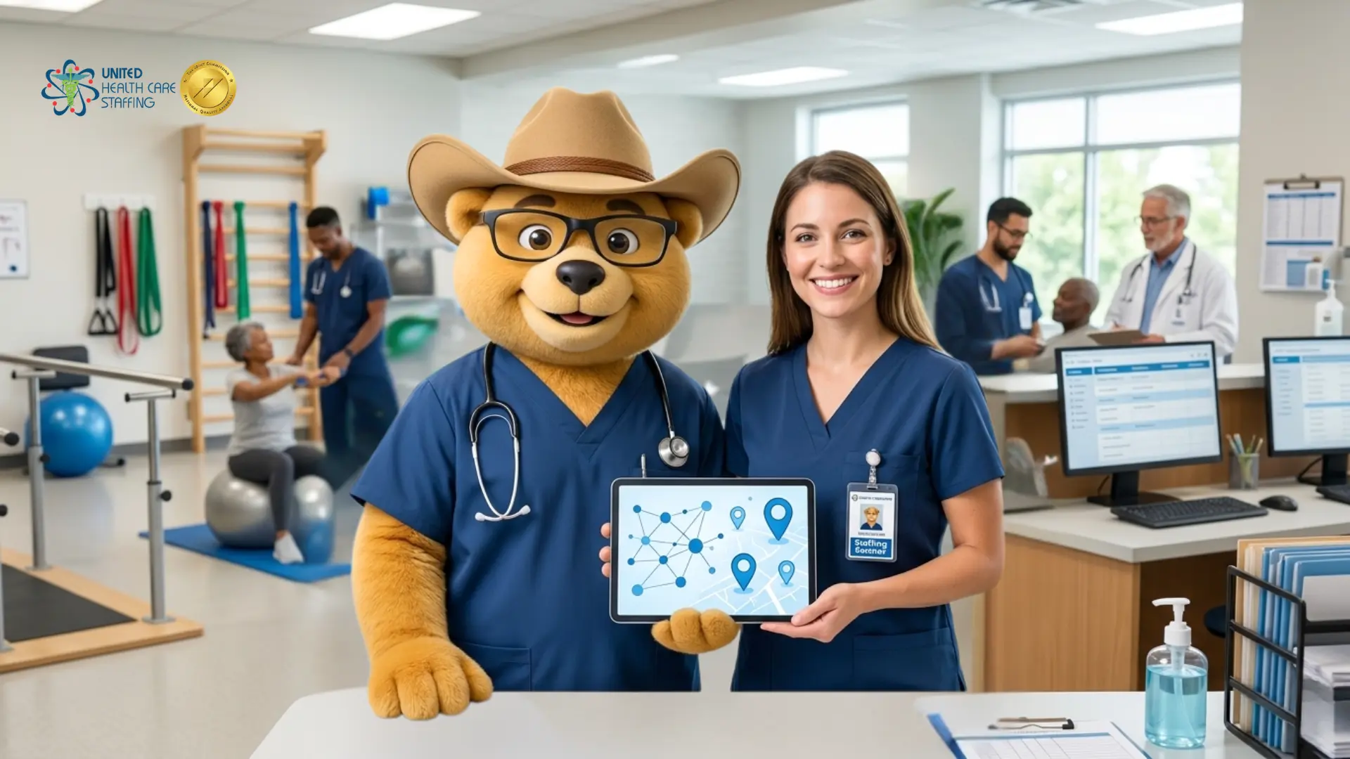A friendly bear mascot wearing a cowboy hat, glasses, and blue scrubs stands alongside a female healthcare professional in matching scrubs. Together, they hold a tablet displaying a map with network connection nodes and location pins. The setting is a bright physical therapy or rehabilitation center, where other medical staff are seen assisting patients with exercises in the background. The United Health Care Staffing logo and the Joint Commission Gold Seal of Approval are visible in the top-left corner.
