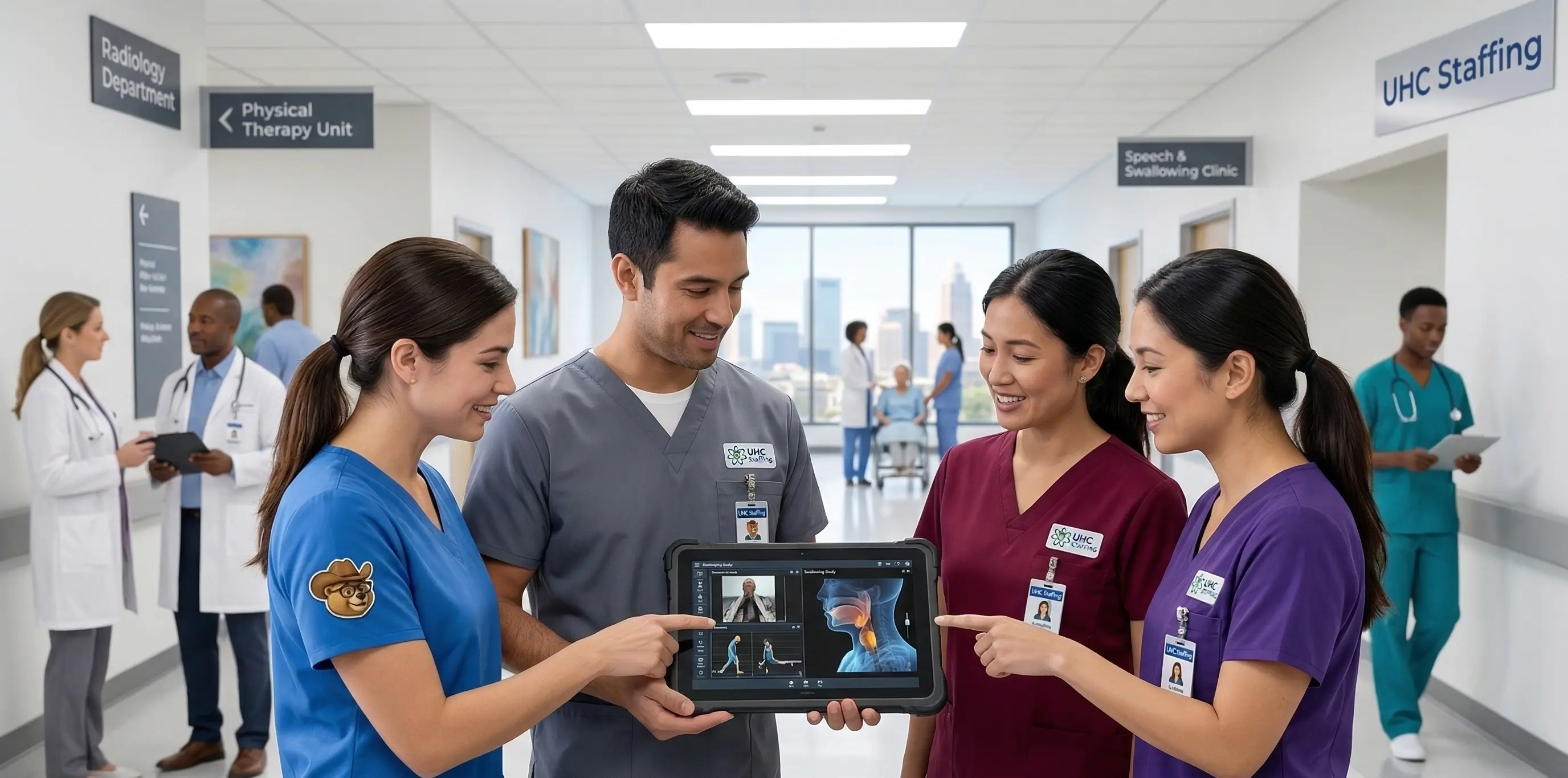 A diverse group of four healthcare professionals in colorful scrubs (blue, grey, maroon, and purple) stand in a hospital hallway, gathered around a rugged tablet. They are reviewing medical imaging that shows a swallowing study and physical therapy motions. One professional has a small cowboy bear mascot patch on their sleeve. Signs for Physical Therapy Unit, Radiology Department, and Speech & Swallowing Clinic are visible on the walls, alongside the UHC Staffing logo. In the background, other medical staff and a patient in a wheelchair are seen in the bright, modern corridor.