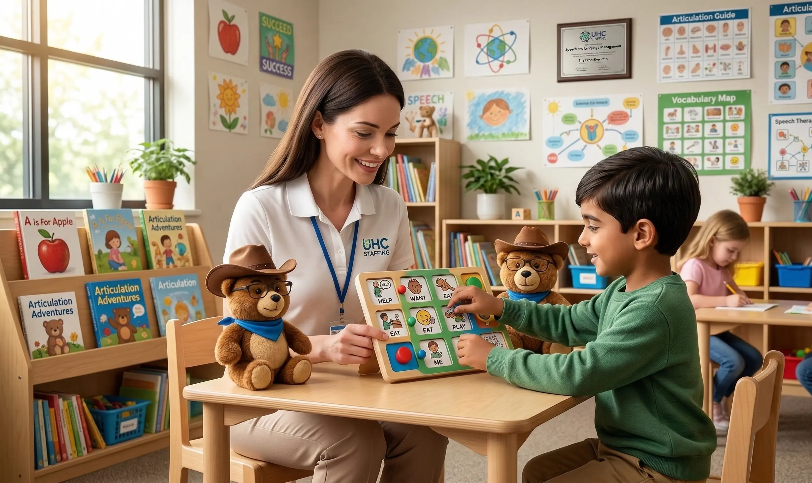 A female speech therapist wearing a white UHC Staffing polo shirt sits at a wooden table, working with a young boy in a bright, colorful therapy room. They are using a wooden communication board featuring icons for words like Help, Want, Eat, and Play. Two small plush versions of the cowboy bear mascot sit on the table, and the walls are decorated with educational posters, Articulation Adventures books, and a framed UHC certificate. In the background, another child is seen sitting at a desk.