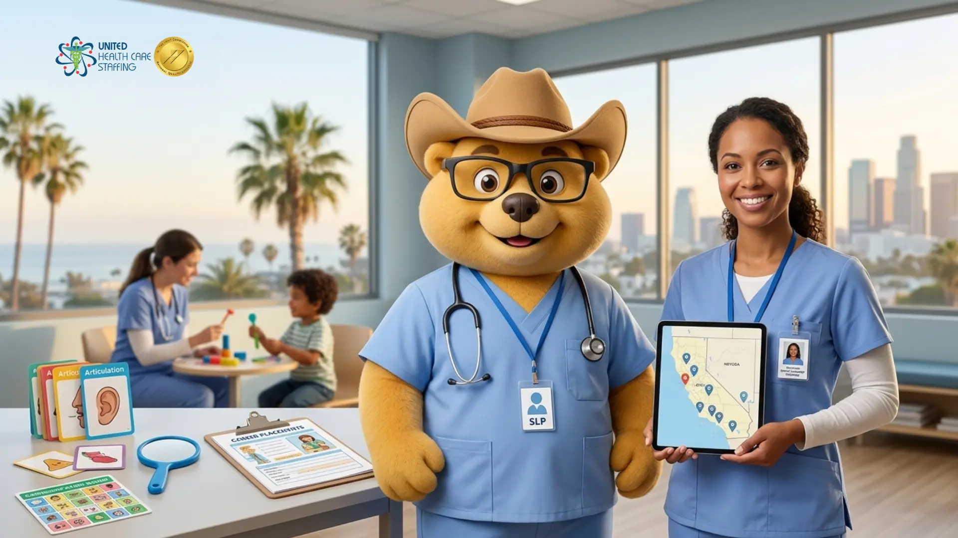 A friendly bear mascot wearing a cowboy hat and light blue scrubs with an SLP (Speech-Language Pathology) badge stands next to a smiling female healthcare professional. She is holding a tablet that shows a map of California with several location pins. In the background, another therapist is seen working with a young child at a table in a bright, modern room with large windows overlooking a city and palm trees. On the desk in the foreground are Articulation flashcards and a patient placement document. The United Health Care Staffing logo and the Joint Commission Gold Seal are visible in the top-left corner.