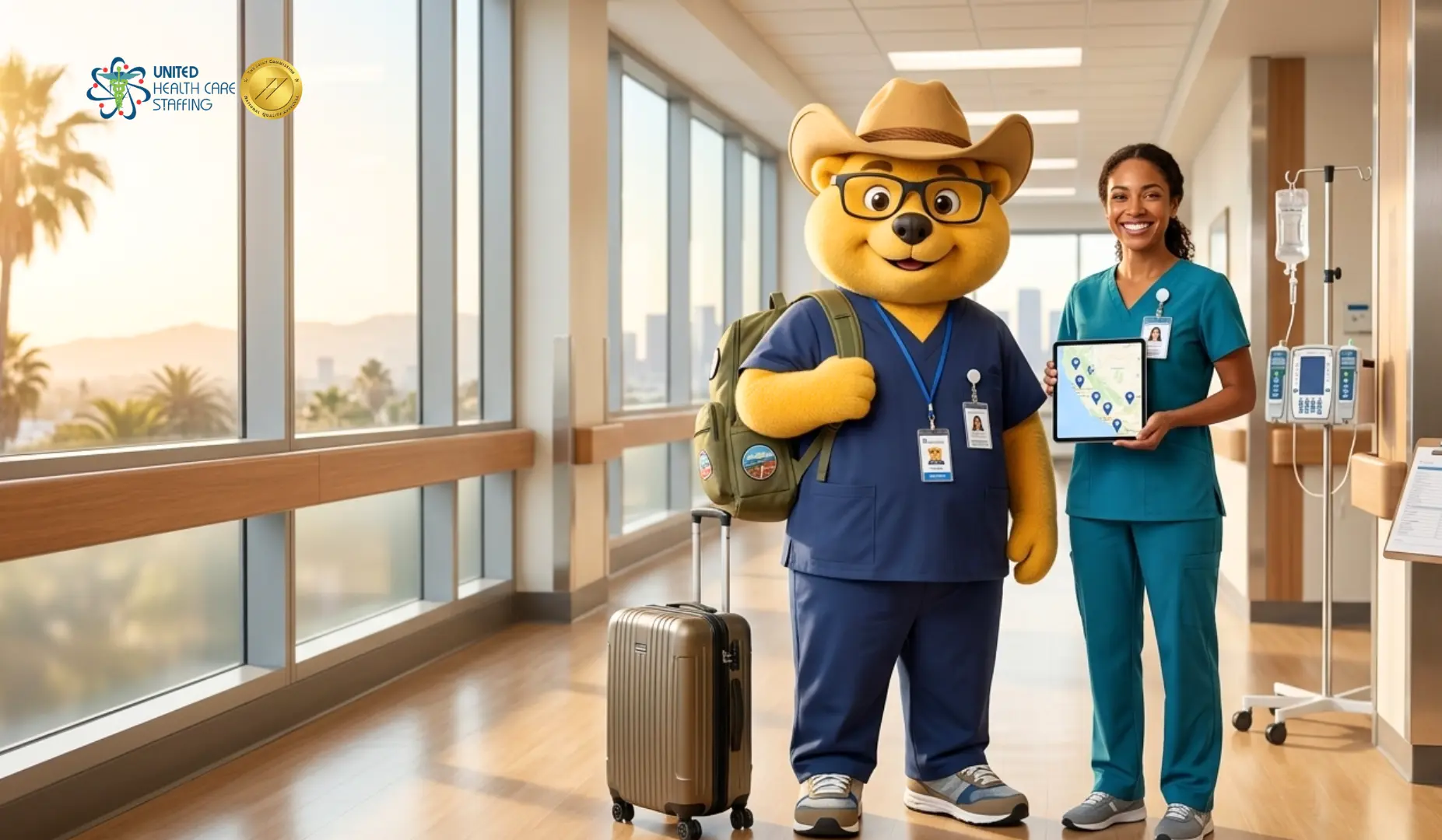 A friendly bear mascot in a cowboy hat and blue scrubs stands in a bright hospital hallway, carrying a green backpack with a suitcase beside him. Next to him, a female healthcare professional in teal scrubs smiles and holds up a tablet displaying a map with several location pins. The hallway has large windows overlooking a city and palm trees at sunset. The United Health Care Staffing logo and a Joint Commission Gold Seal of Approval are in the top-left corner