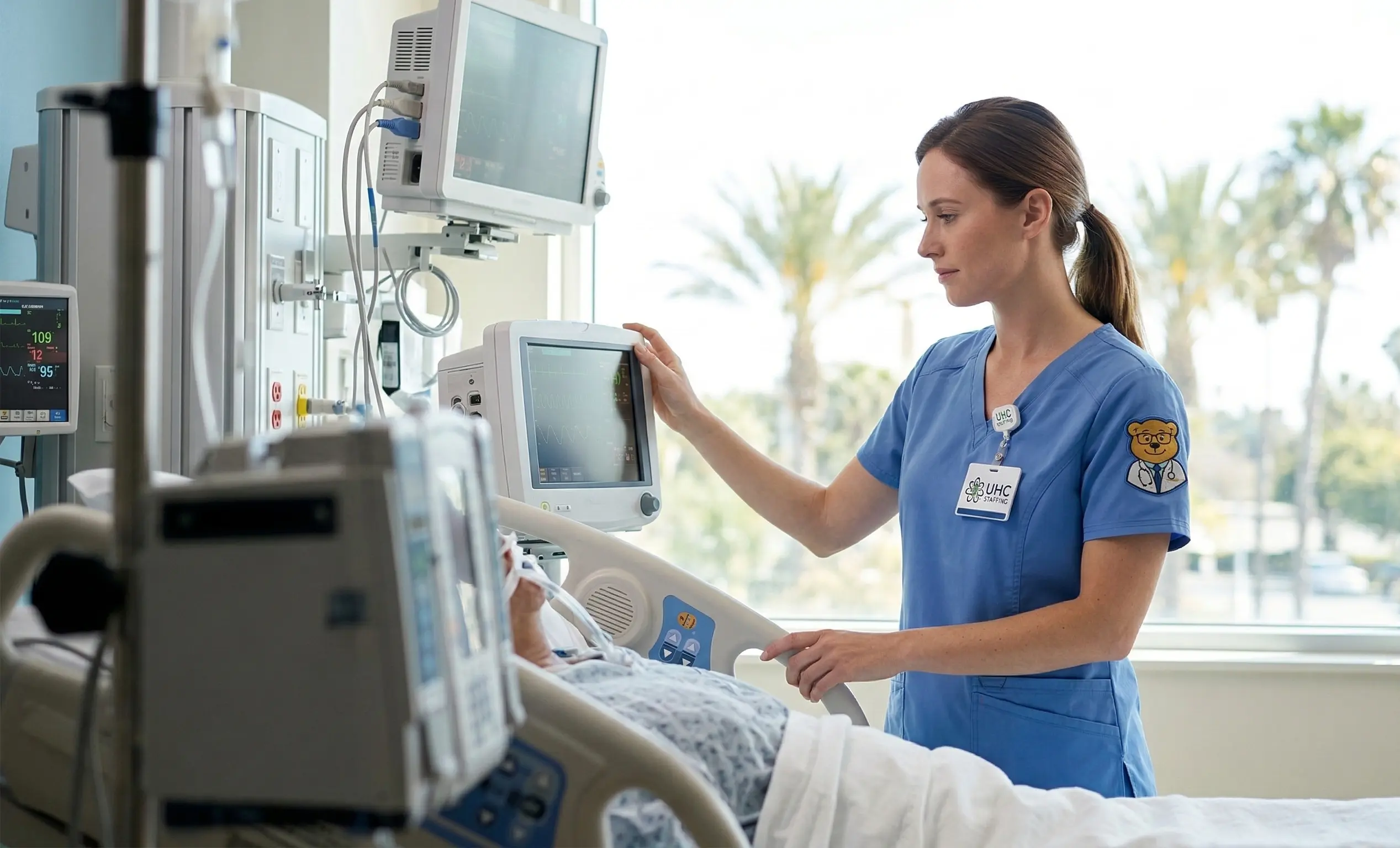 A female nurse in blue scrubs with a UHC Staffing ID badge is carefully monitoring medical equipment in a bright hospital room. She is standing next to a patient's bed, adjusting a digital vitals monitor. On her left sleeve, there is a patch featuring the bear mascot in a lab coat. In the background, a large window reveals a sunny outdoor view with palm trees.